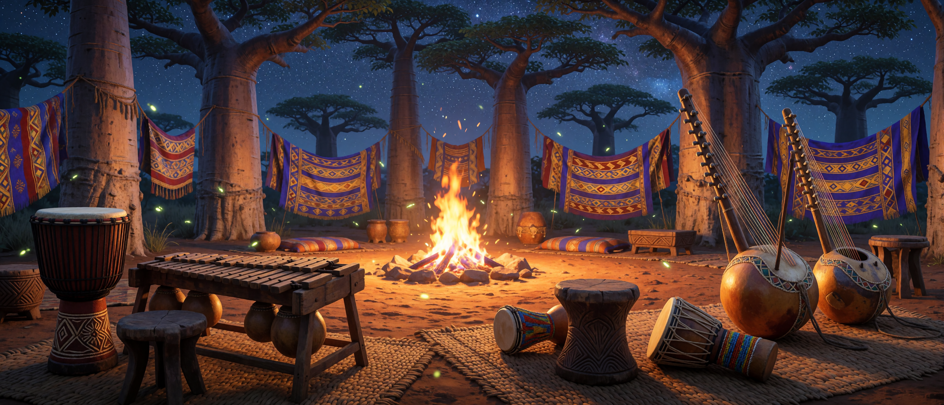 music-time-west-africa-baobab-djembe-kora-bonfire-ultrawide