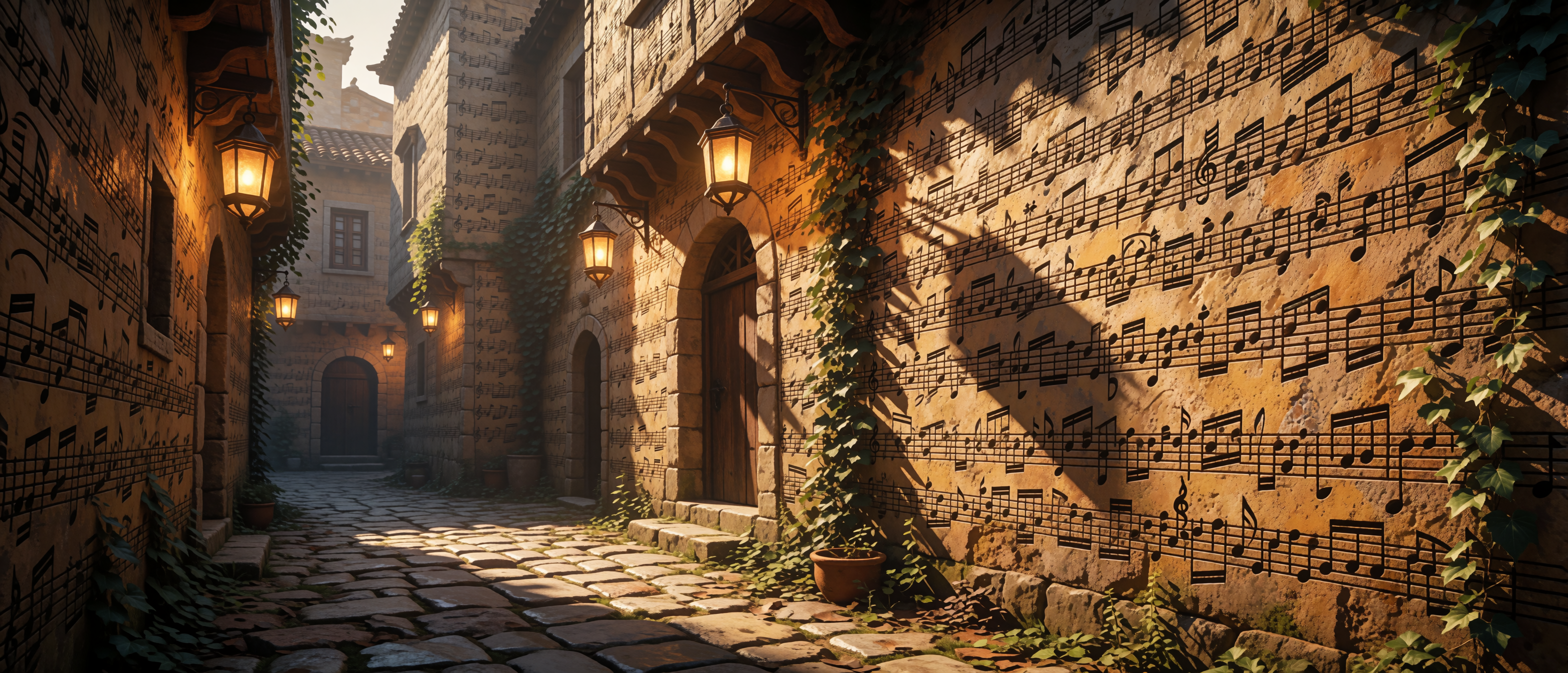music-cobblestone-alley-carved-notation-lantern-painterly-ultrawide
