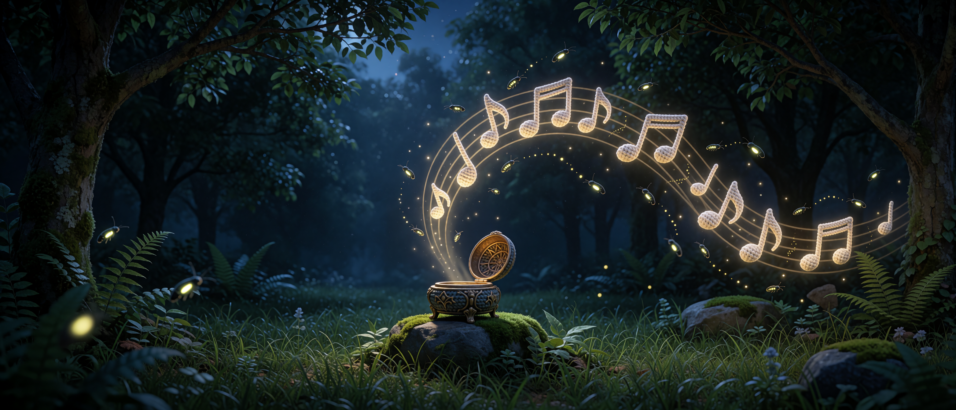 music-floating-notes-music-box-forest-clearing-amigurumi-ultrawide