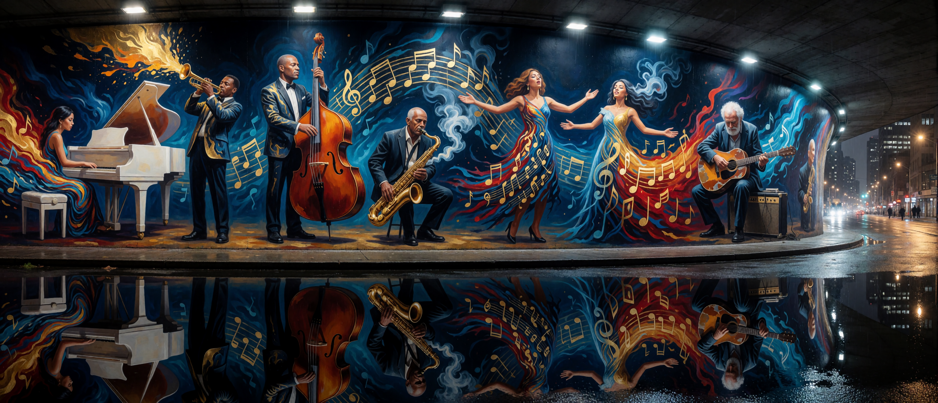 music-jazz-tunnel-underpass-six-musicians-rain-reflection-ultrawide