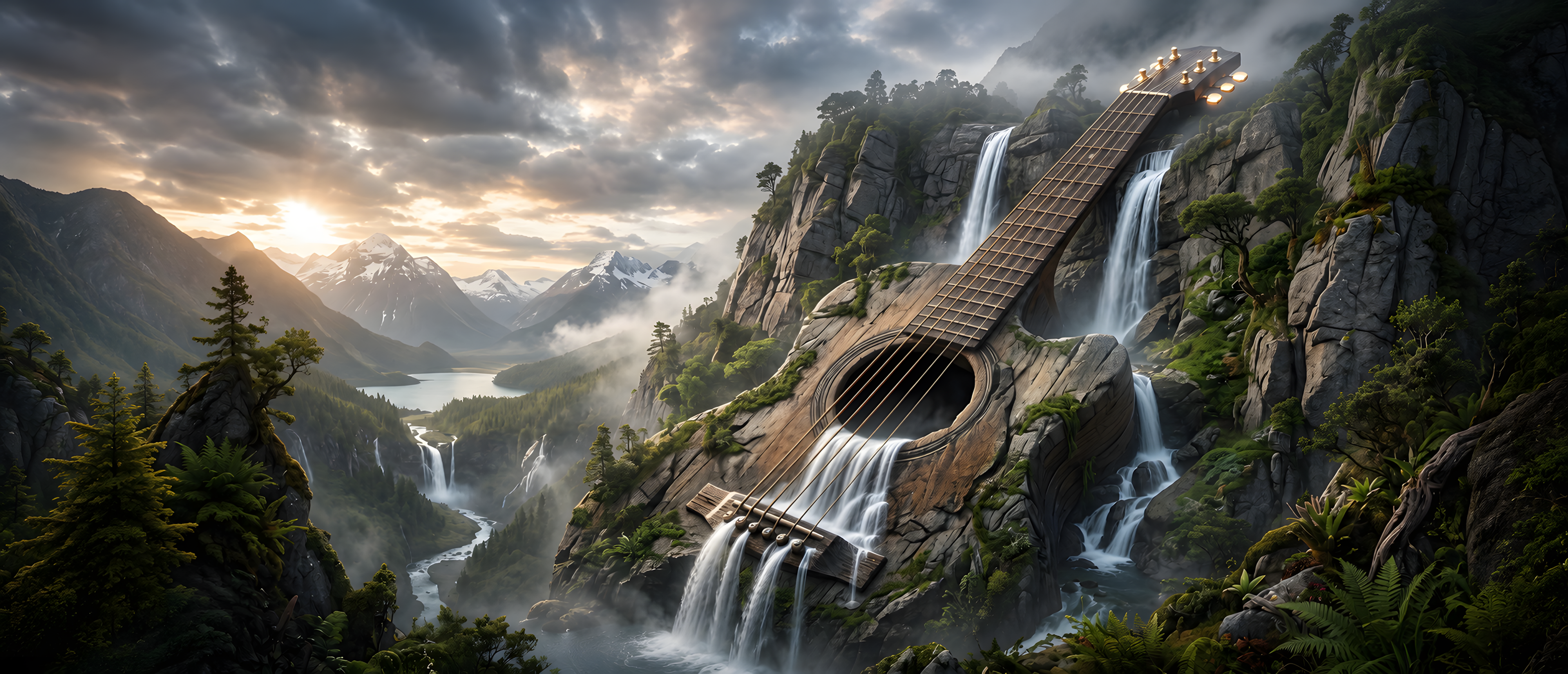 music-misc-waterfall-guitar-cliff-landscape-ultrawide