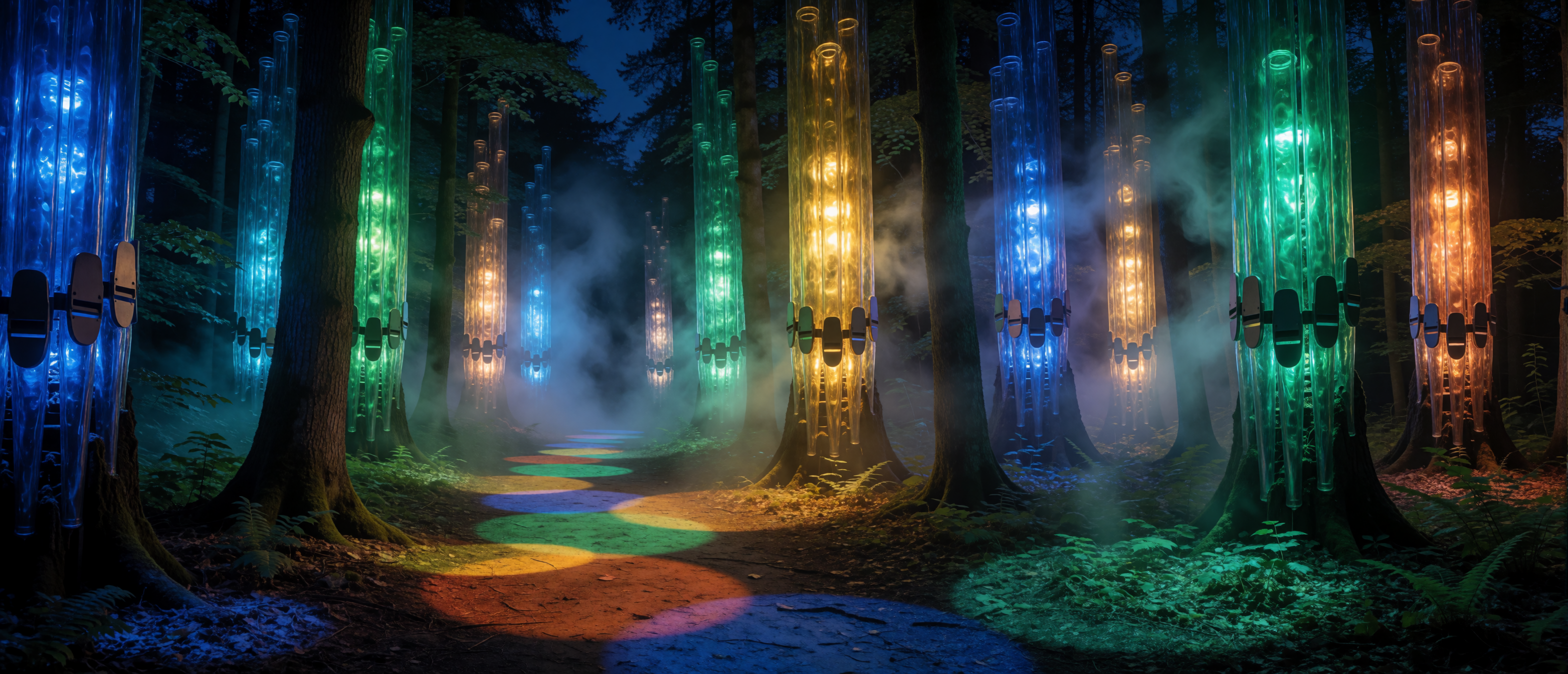 music-organ-pipe-forest-coloured-glass-night-ultrawide