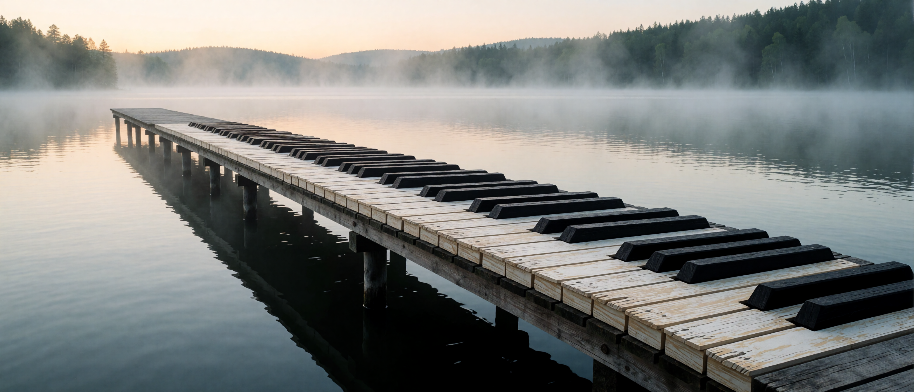 music-piano-keyboard-pier-misty-lake-dawn-papercut-ultrawide