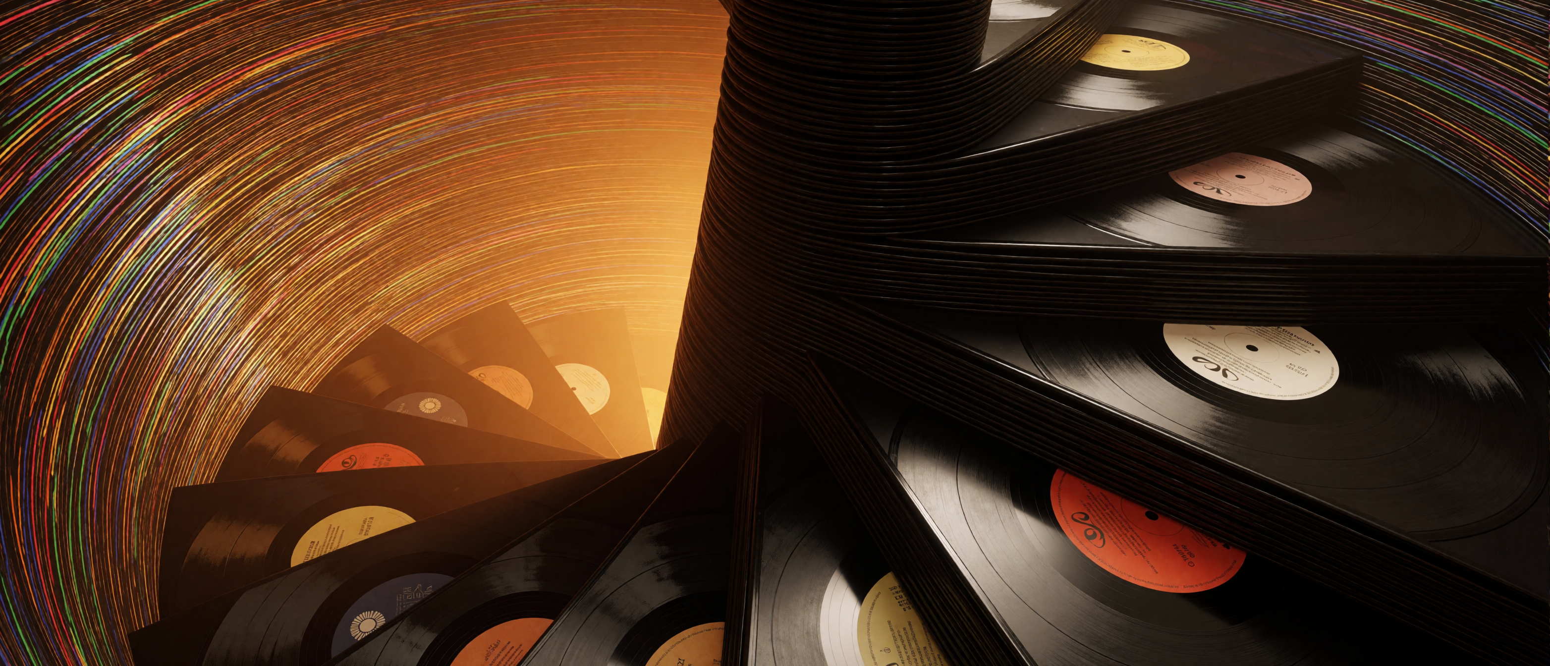 music-vinyl-record-spiral-staircase-amber-light-ultrawide