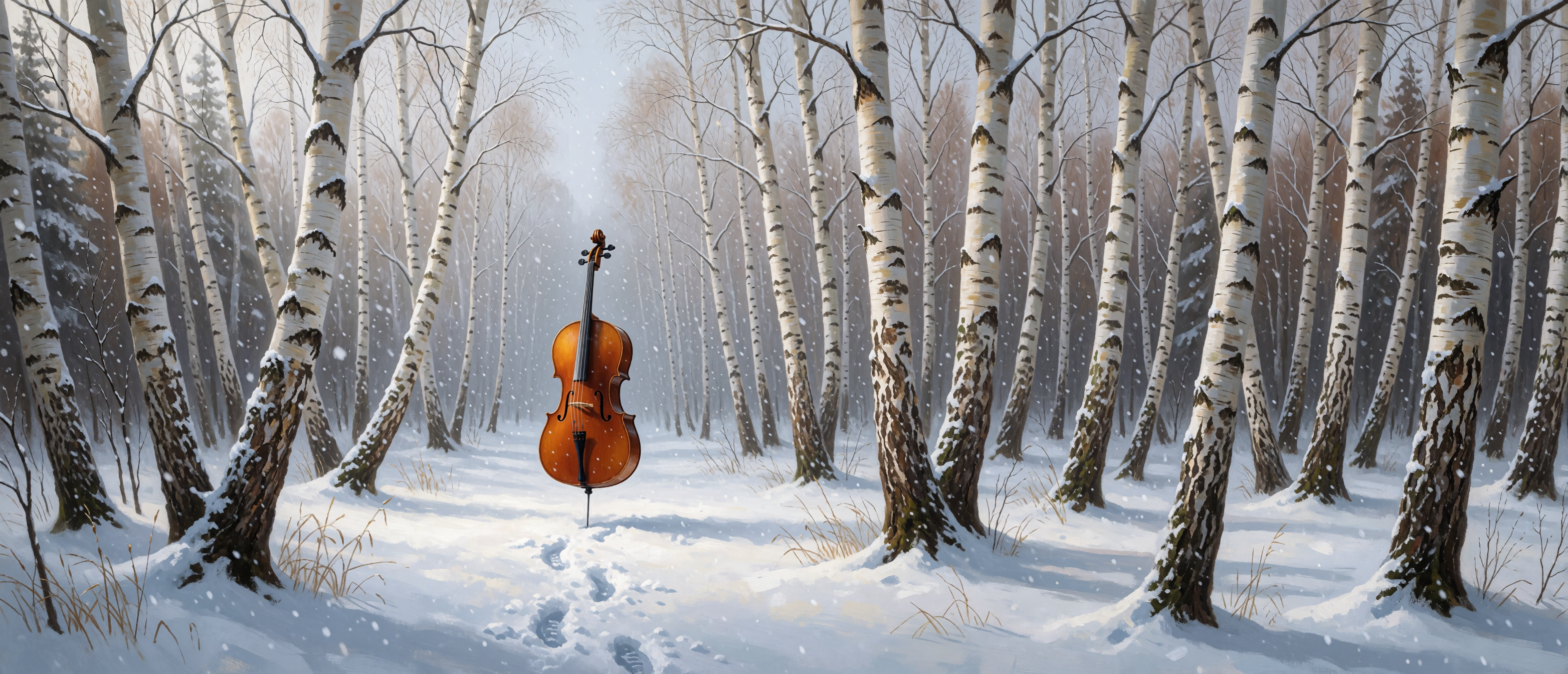 music-cello-birch-forest-winter-snow-ultrawide