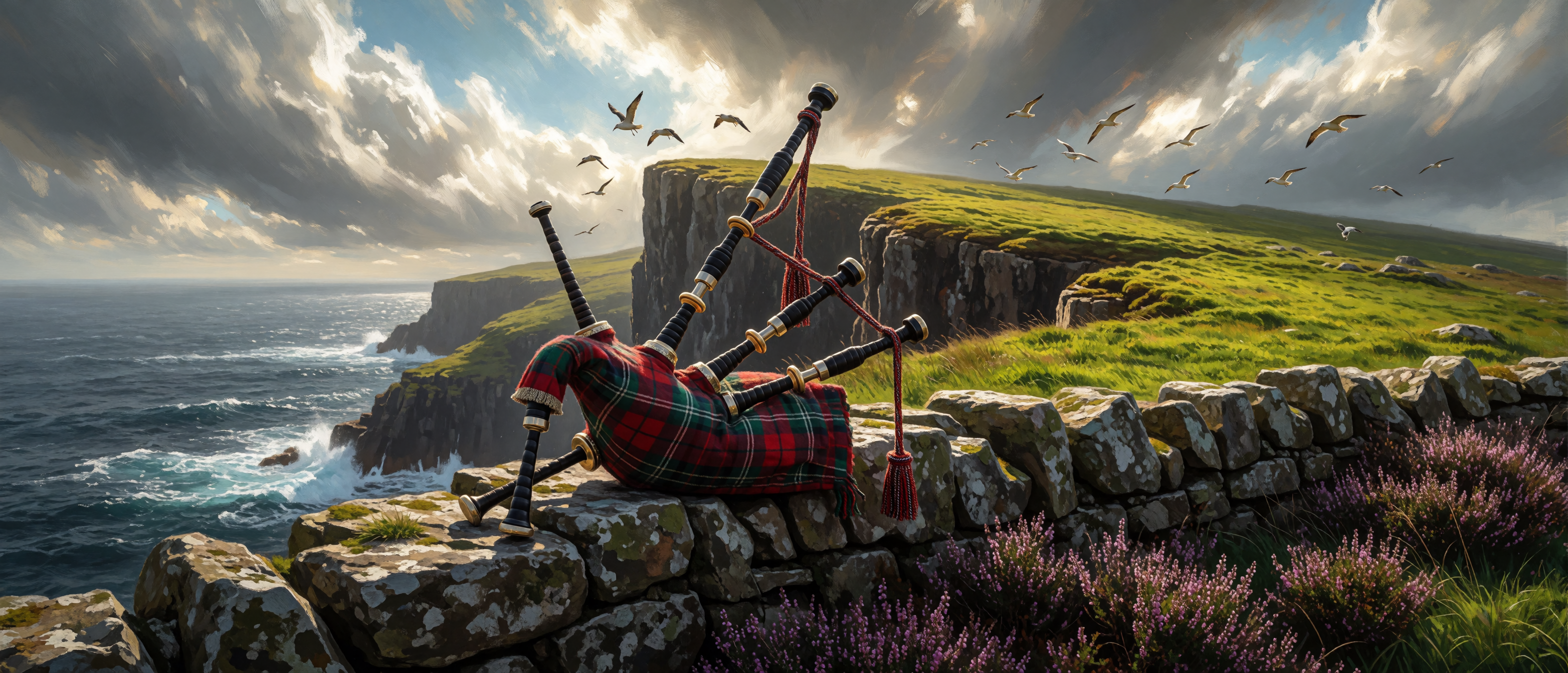 music-exotic-bagpipes-highland-sea-cliffs-ultrawide