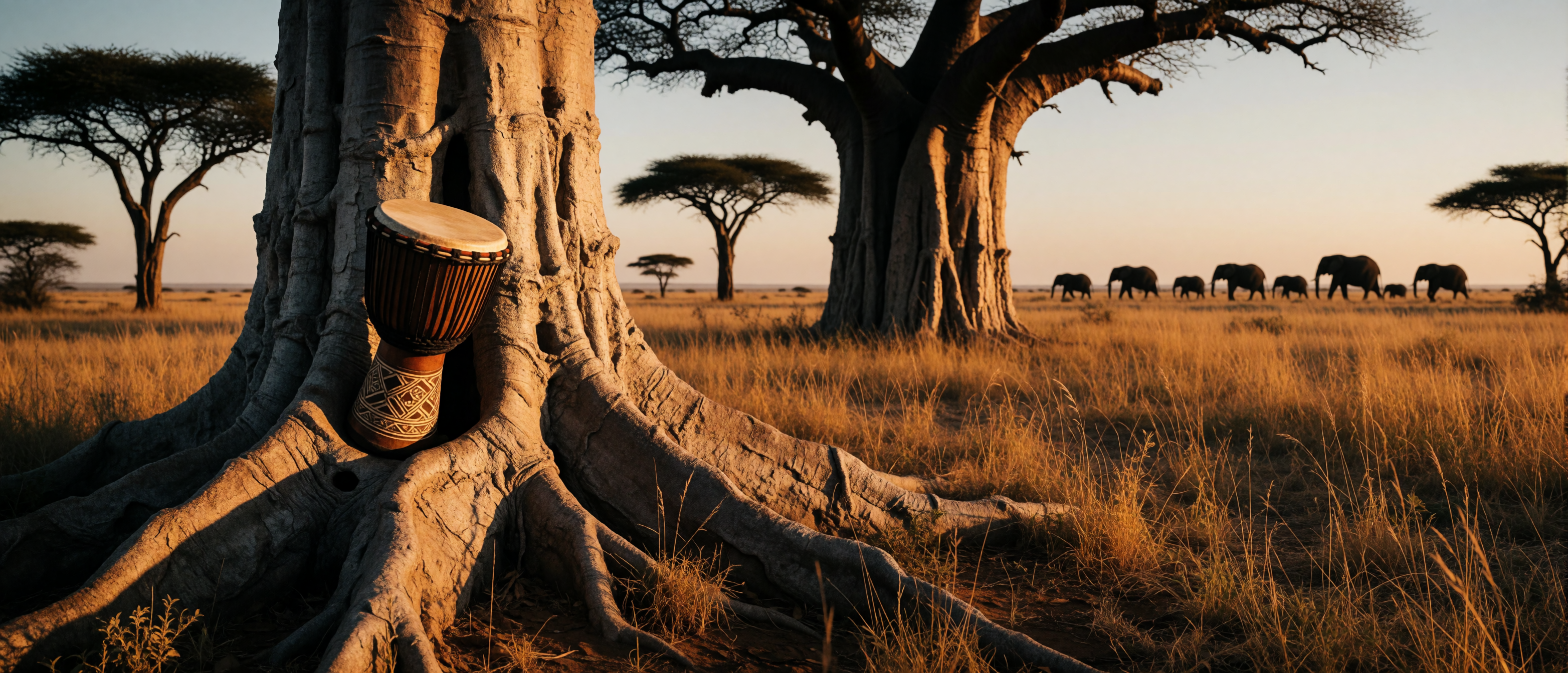 music-exotic-djembe-baobab-tree-savanna-sunset-ultrawide