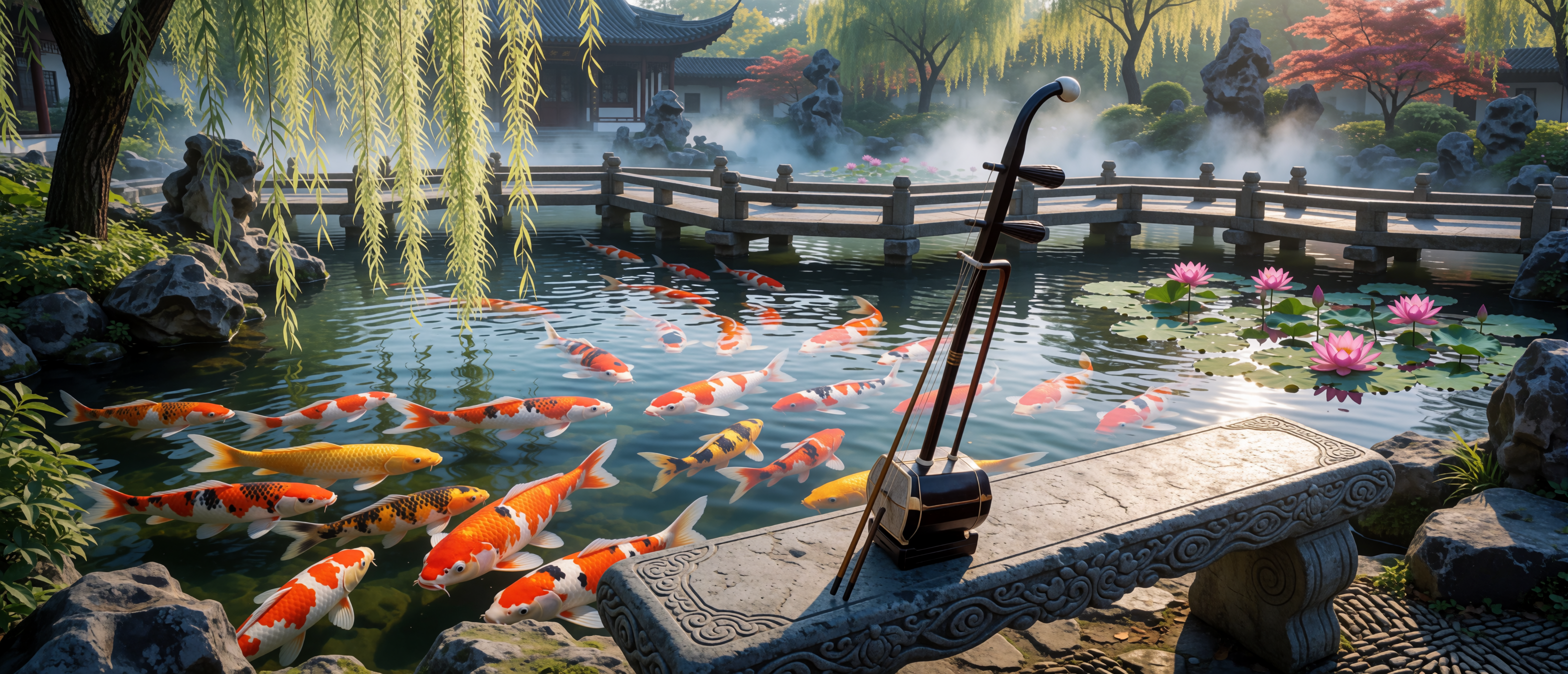 music-exotic-erhu-koi-pond-chinese-garden-ultrawide