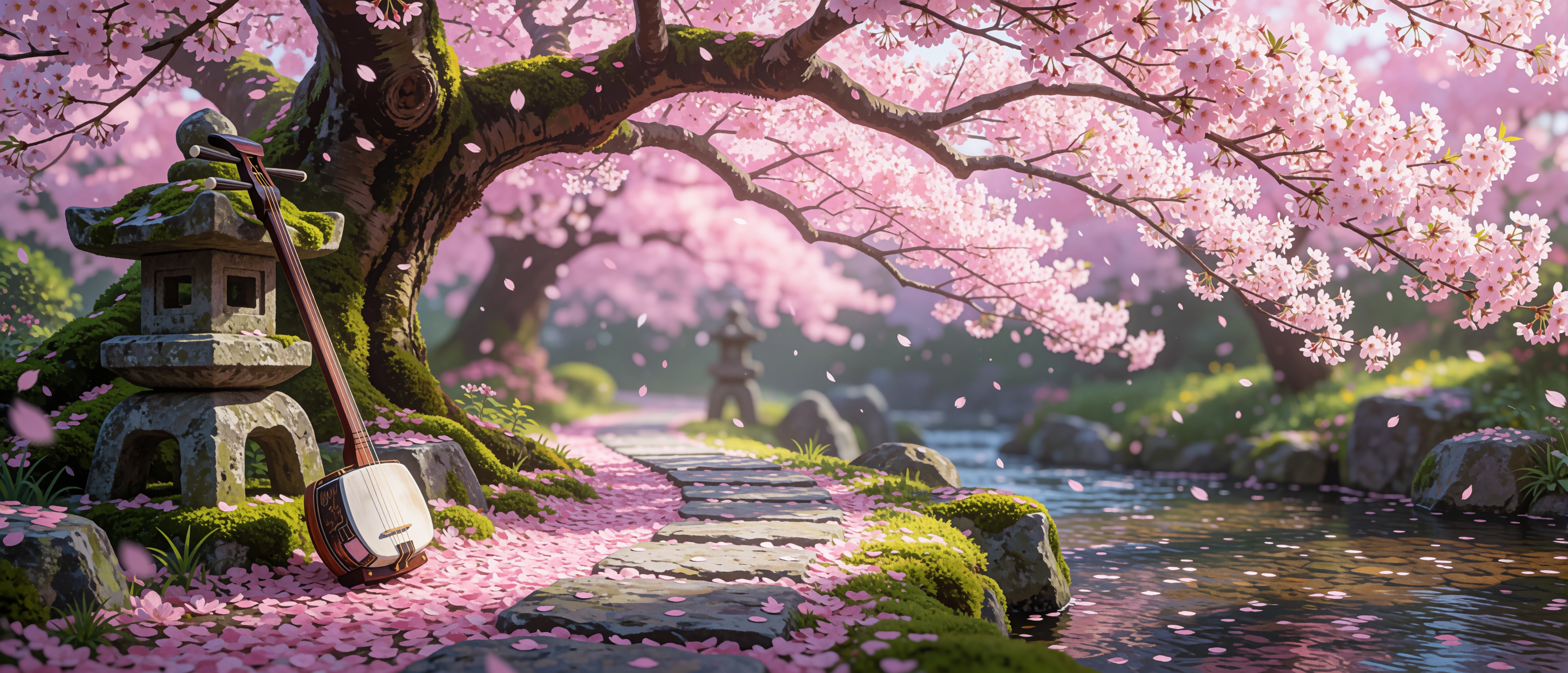 music-exotic-shamisen-cherry-blossom-stone-lantern-ultrawide
