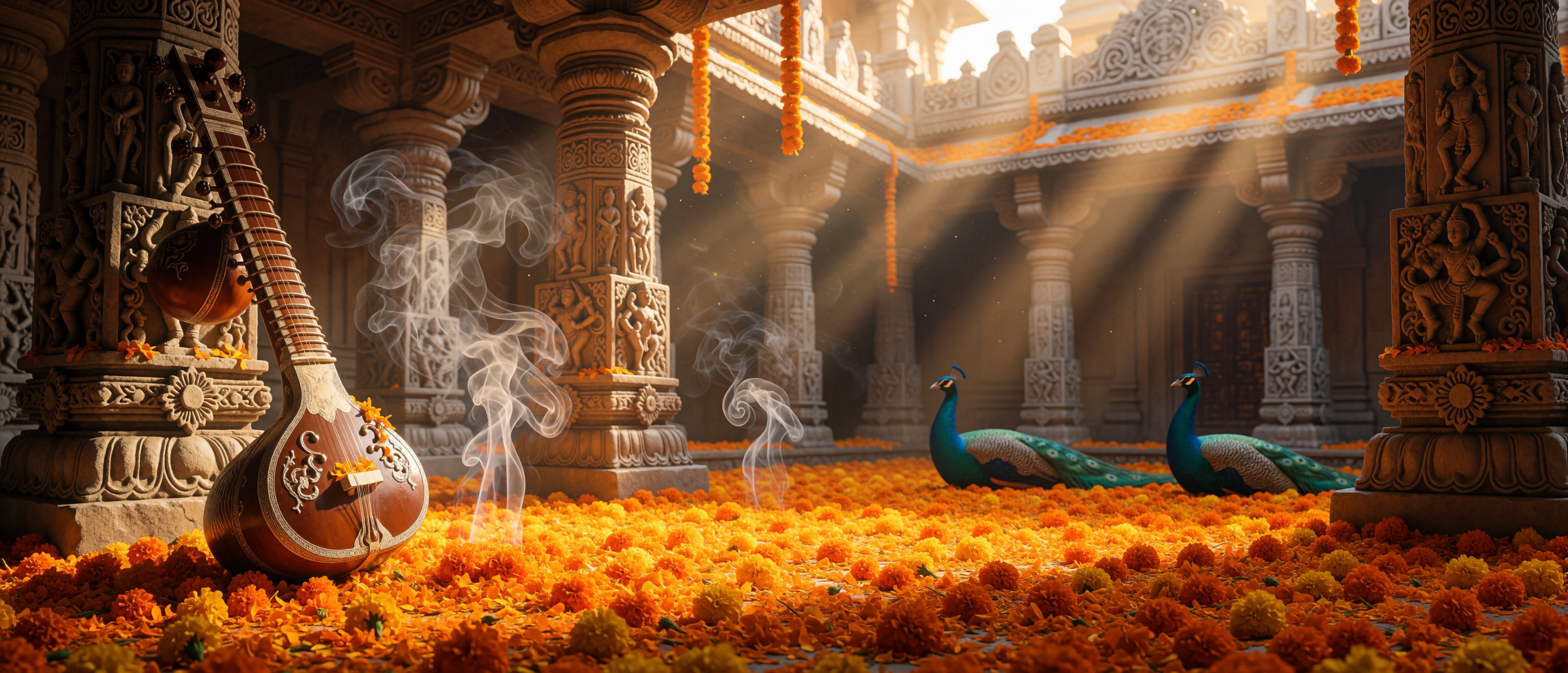 music-exotic-sitar-marigold-temple-india-ultrawide