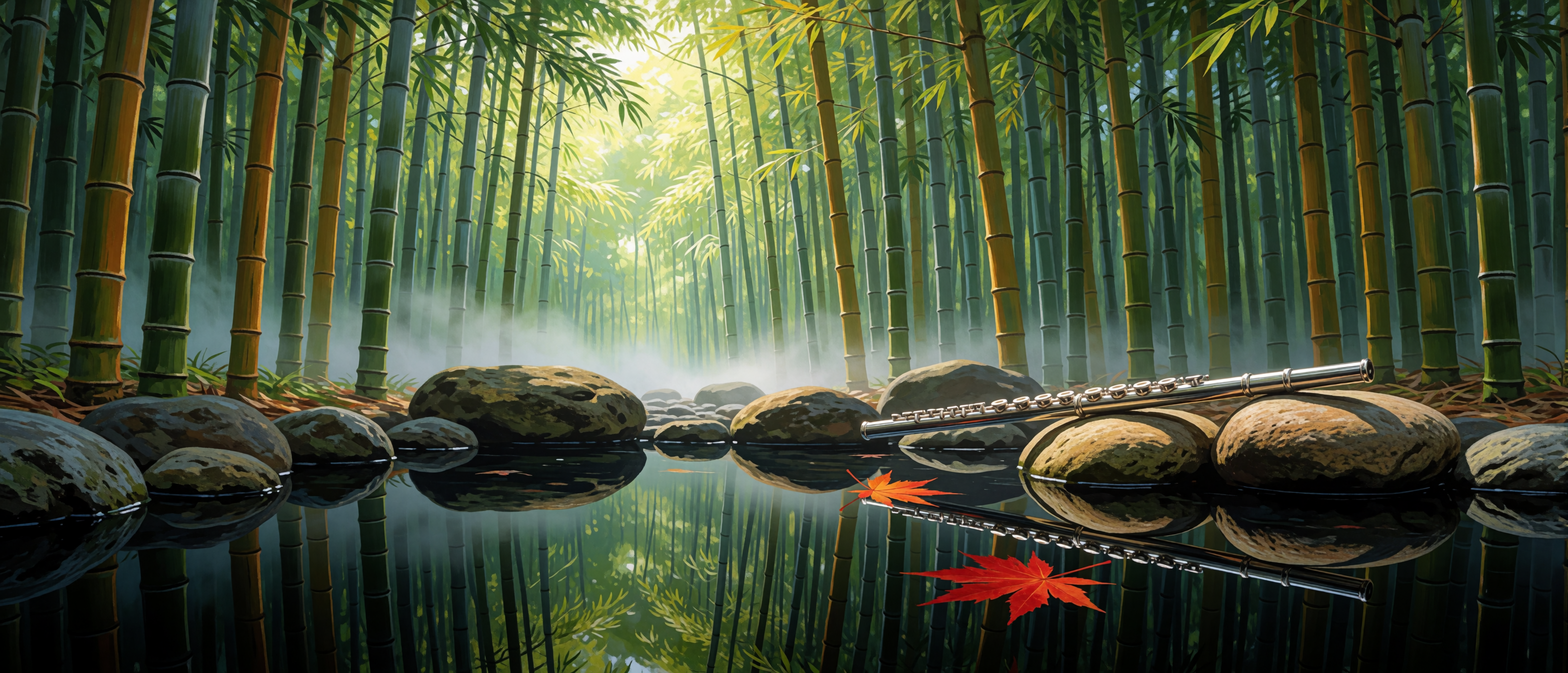 music-flute-bamboo-grove-still-pool-ultrawide