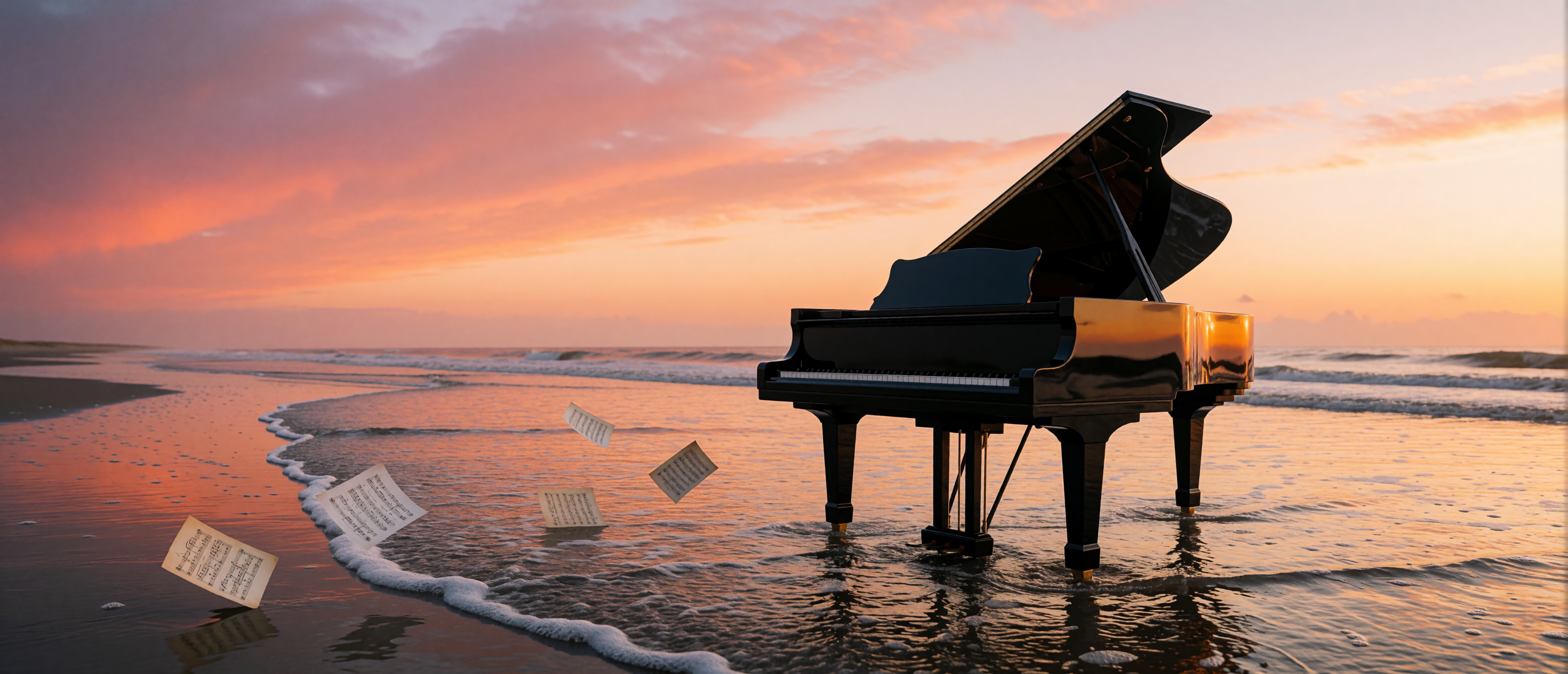 music-grand-piano-beach-tide-sunset-ultrawide