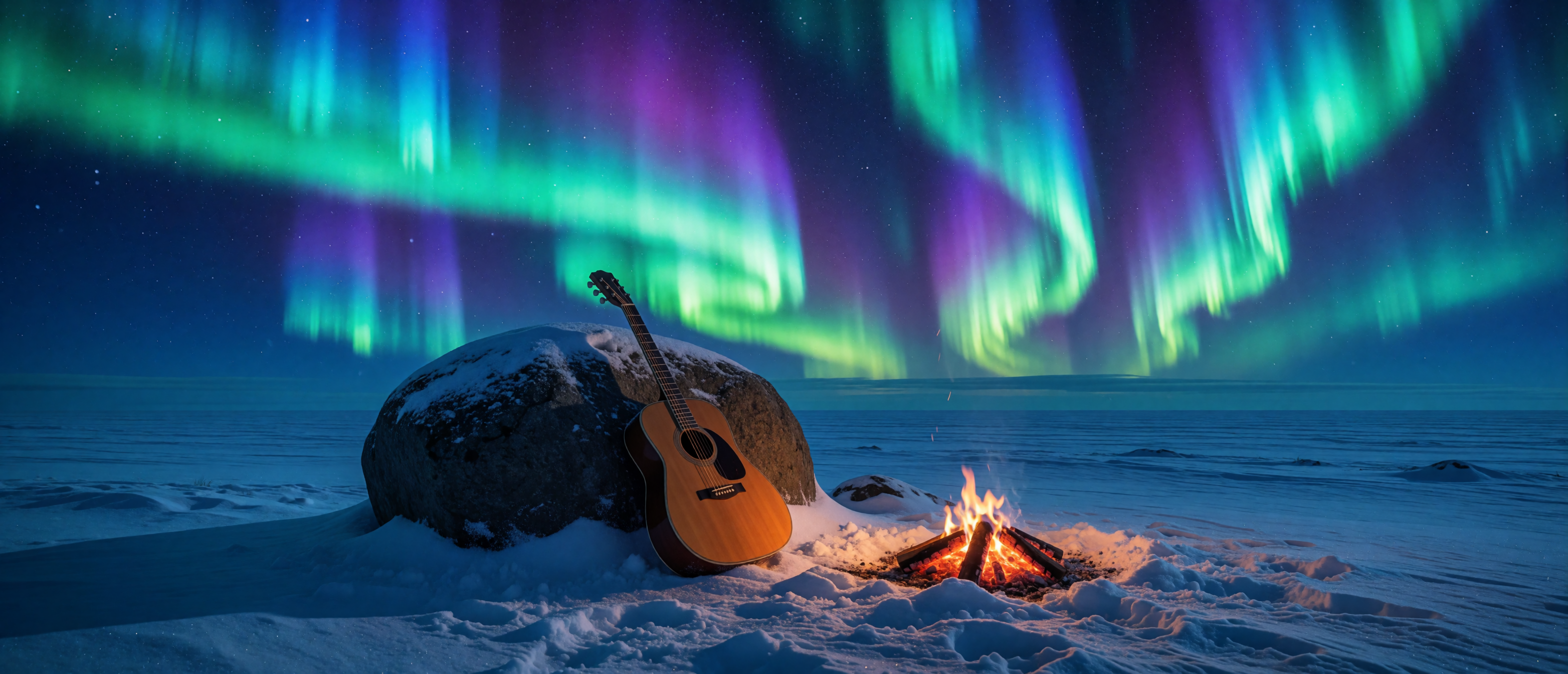 music-guitar-northern-lights-iceland-snow-ultrawide