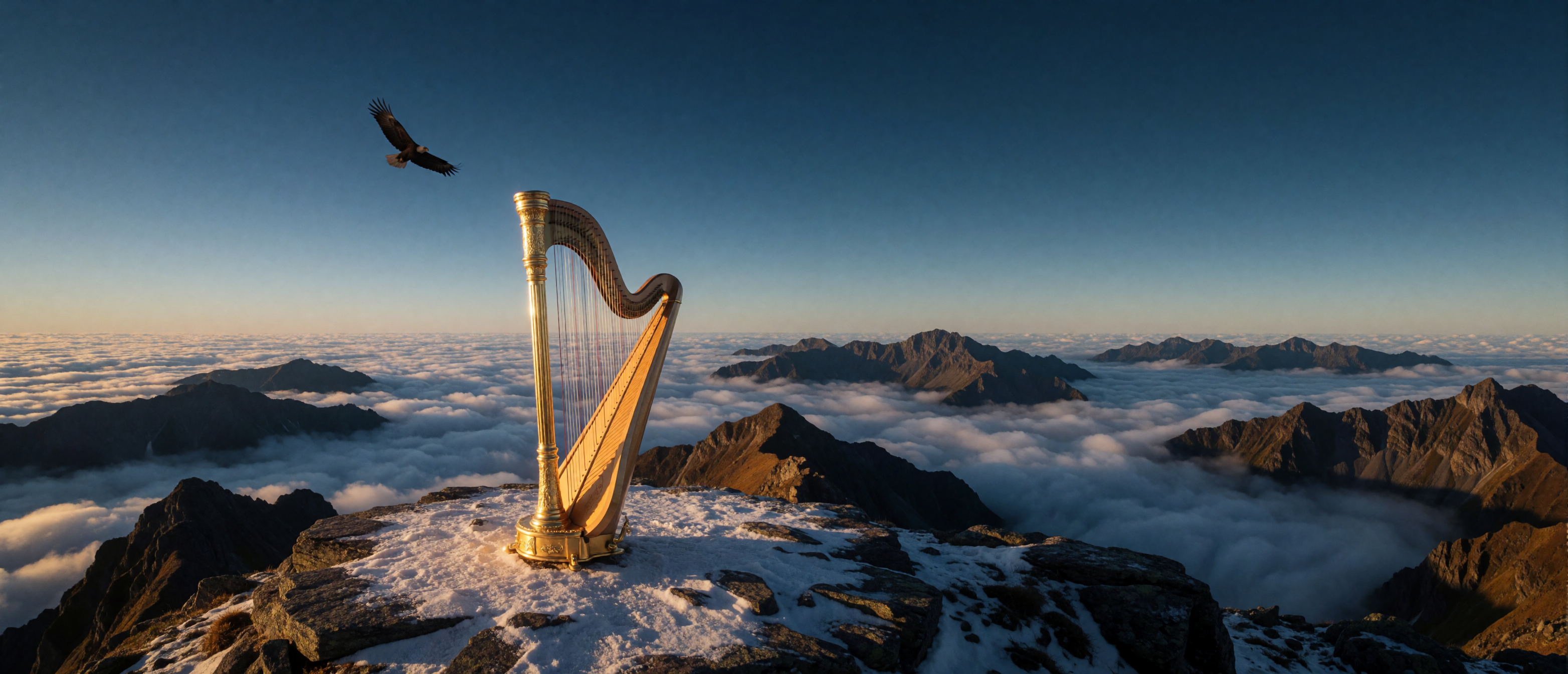 music-harp-mountain-peak-above-clouds-sunrise-ultrawide