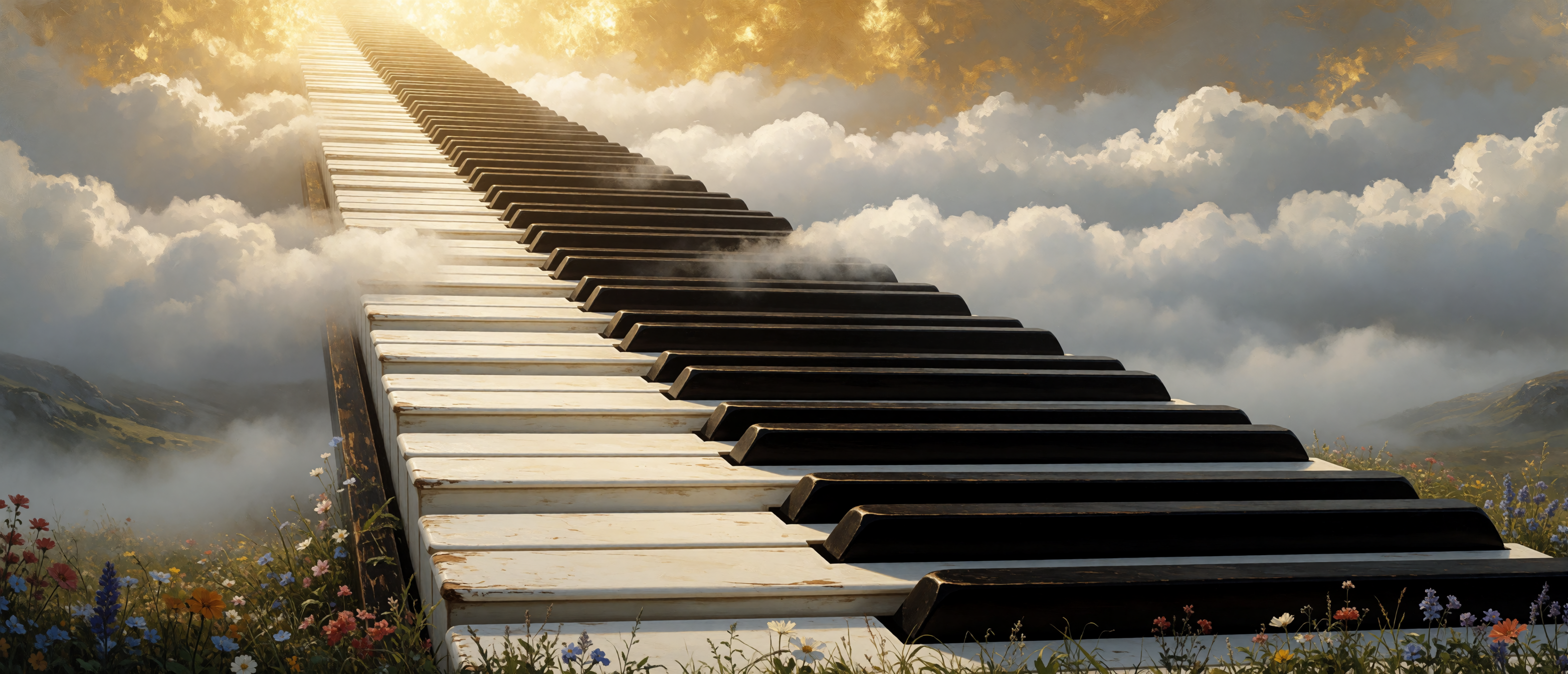 music-surreal-piano-key-staircase-clouds-ultrawide
