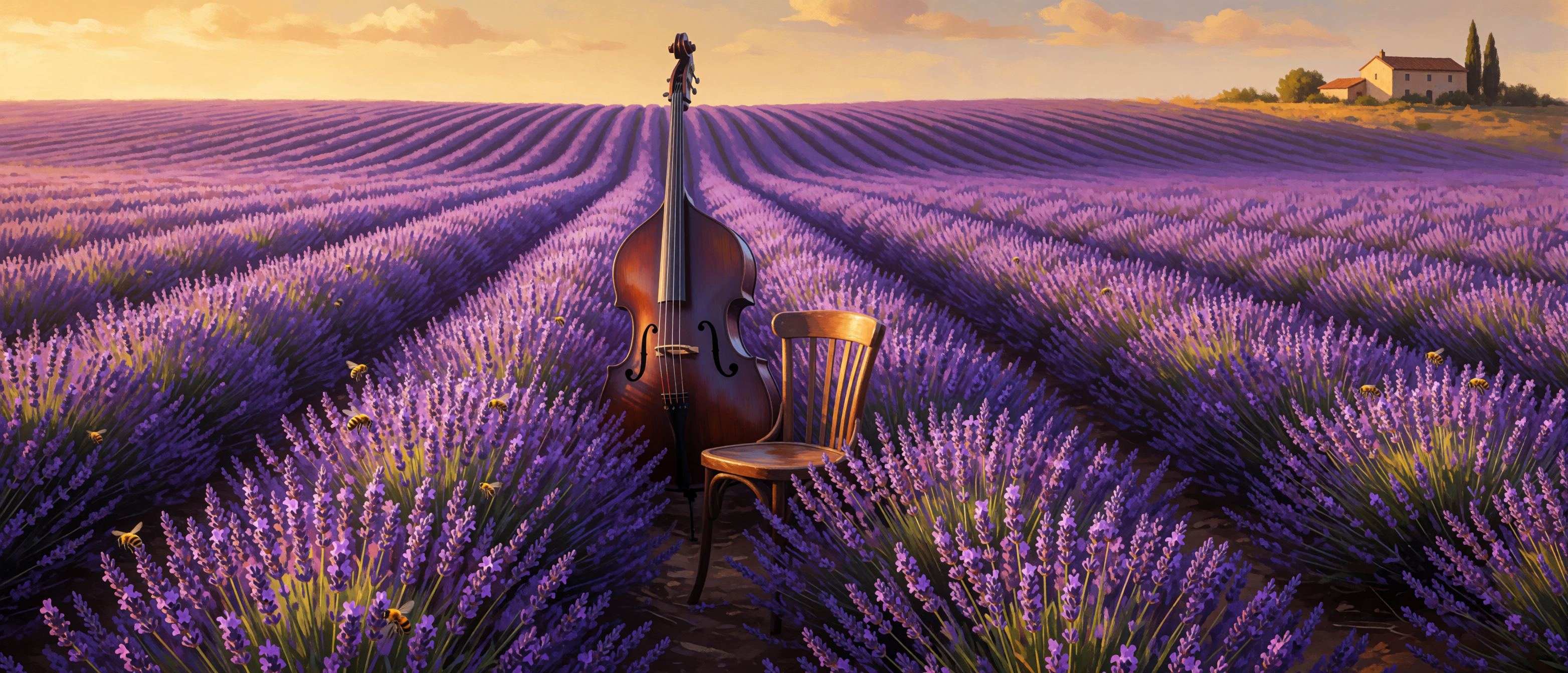 music-upright-bass-lavender-field-golden-hour-ultrawide