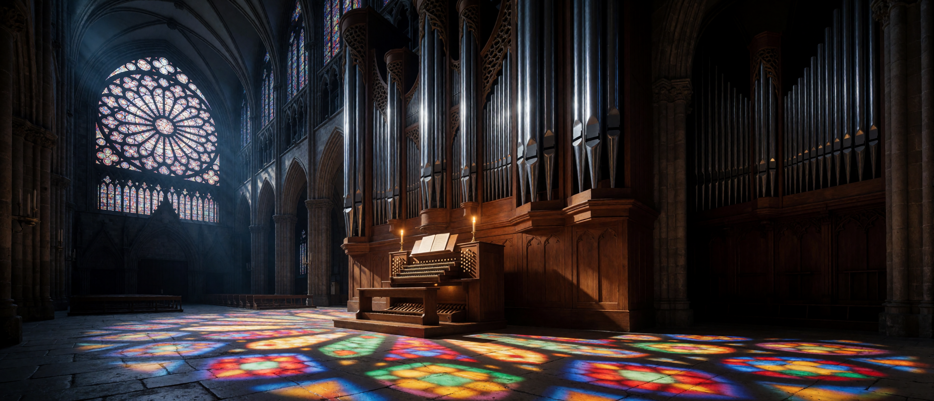 music-venue-cathedral-organ-moonlight-rose-window-ultrawide
