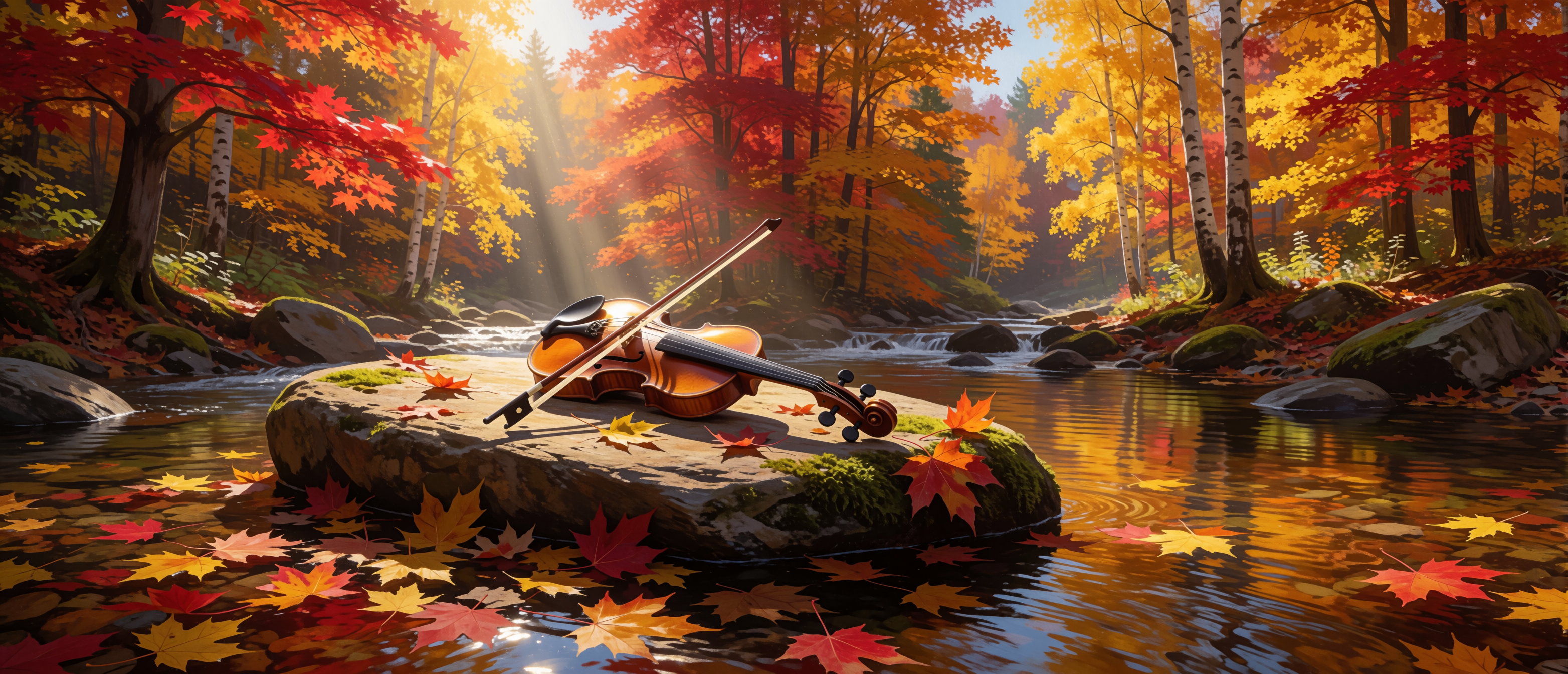 music-violin-autumn-stream-mossy-boulder-ultrawide