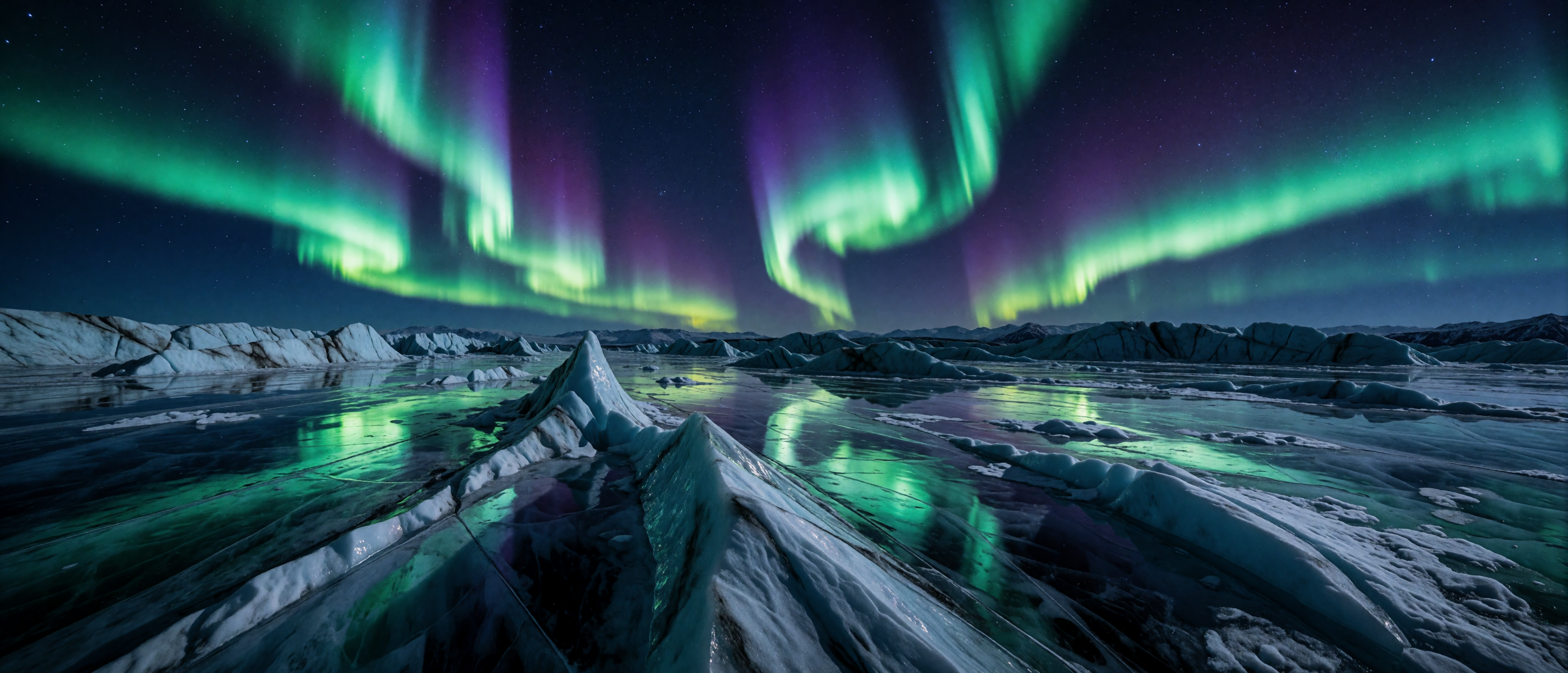 aurora-borealis-glacier-field-green-violet-reflection-ultrawide