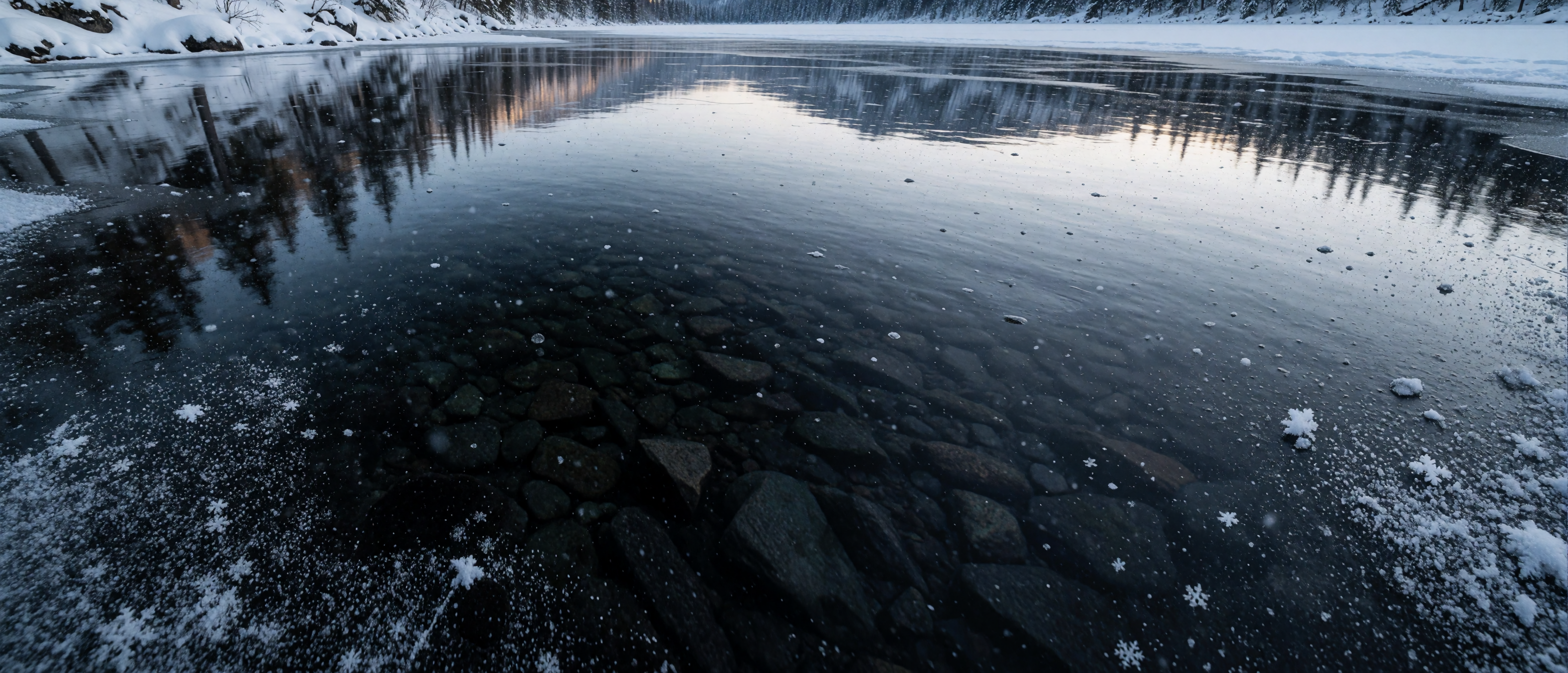 black-ice-lake-transparent-surface-rocky-bed-ultrawide