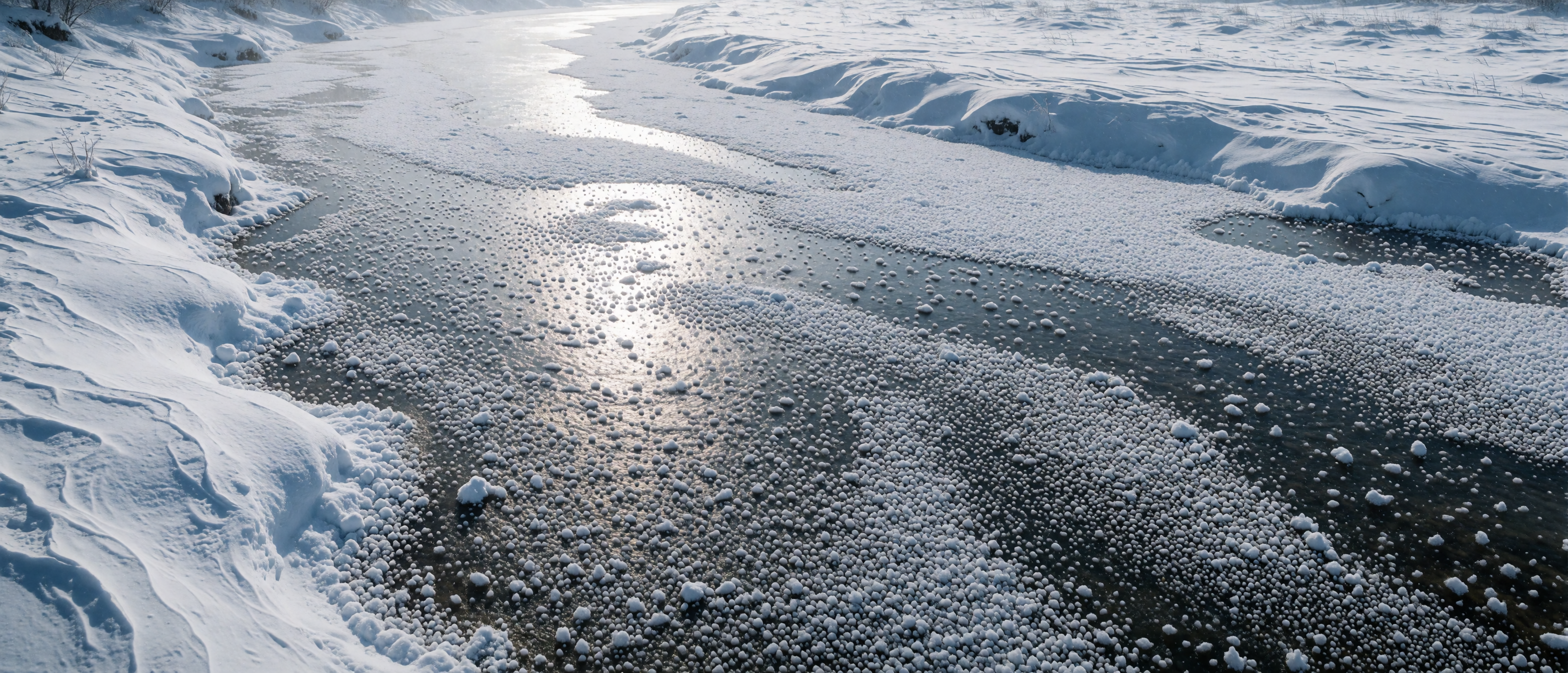 frazil-ice-river-flowing-crystals-snow-banks-ultrawide