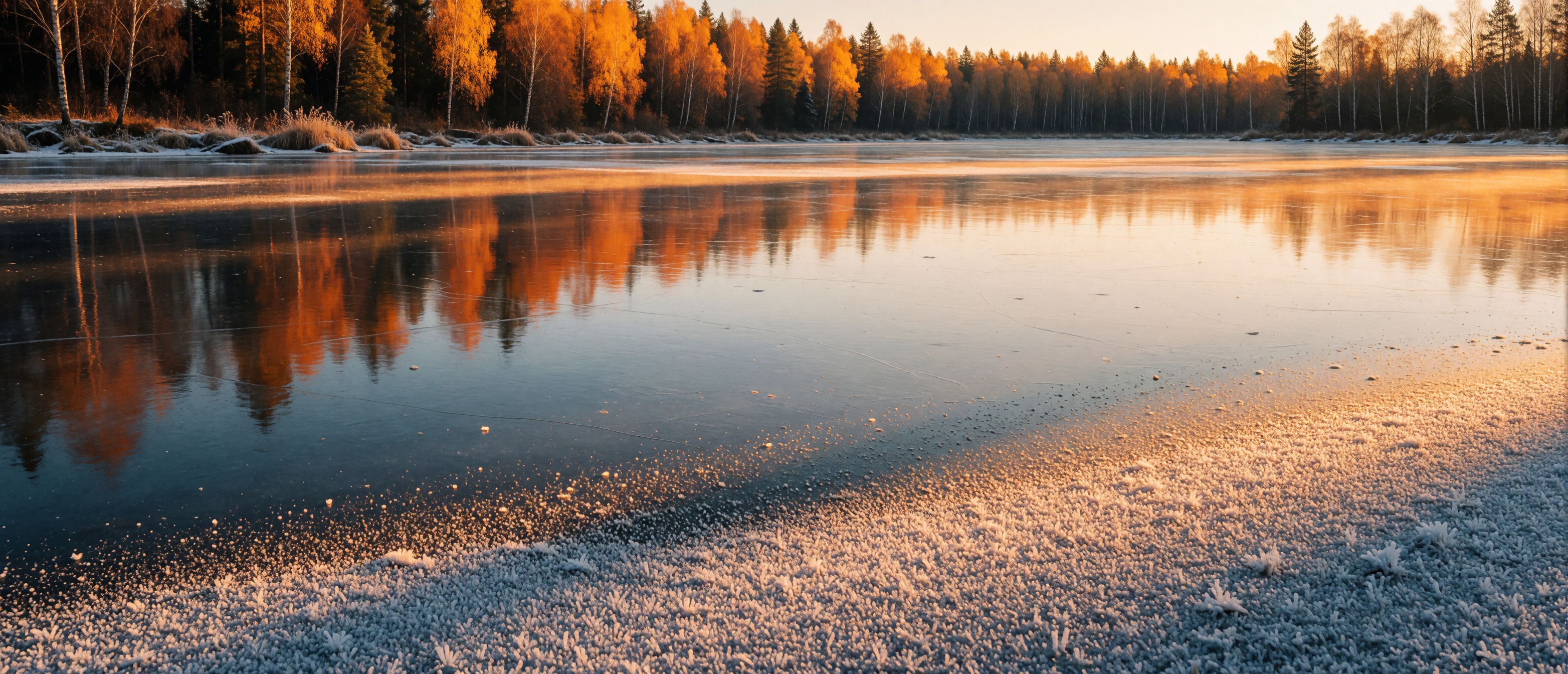 frozen-lake-autumn-forest-golden-hour-reflection-ultrawide