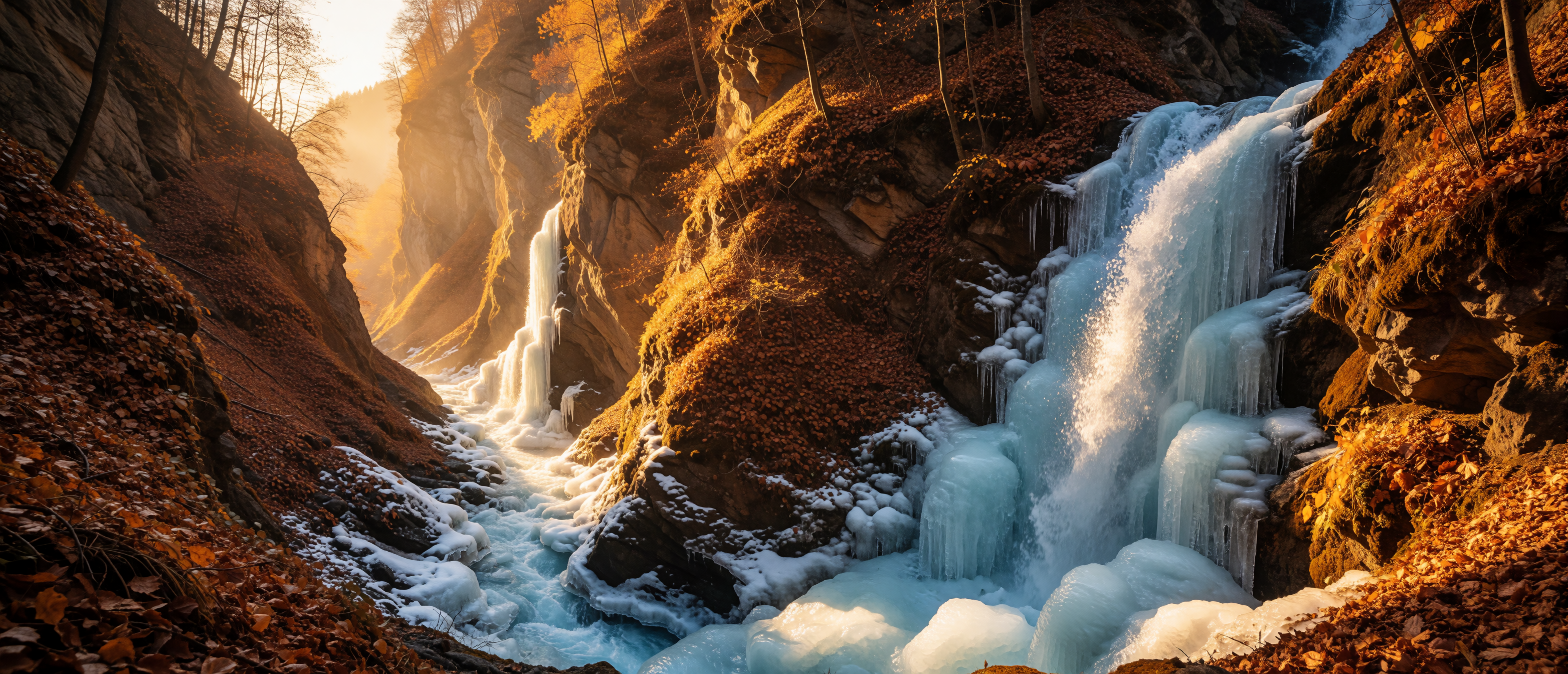 frozen-waterfall-autumn-canyon-golden-light-ultrawide