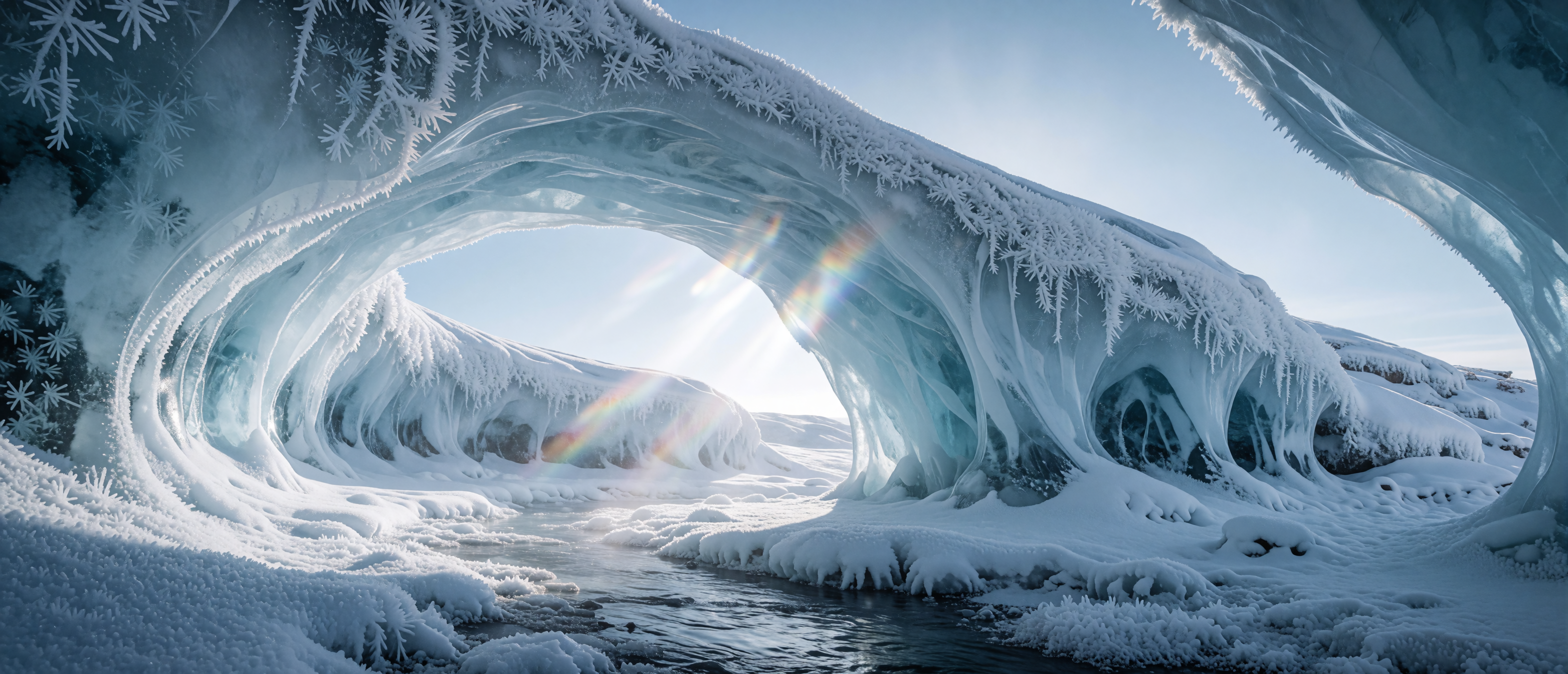 natural-ice-arch-frozen-stream-sunlight-prismatic-ultrawide
