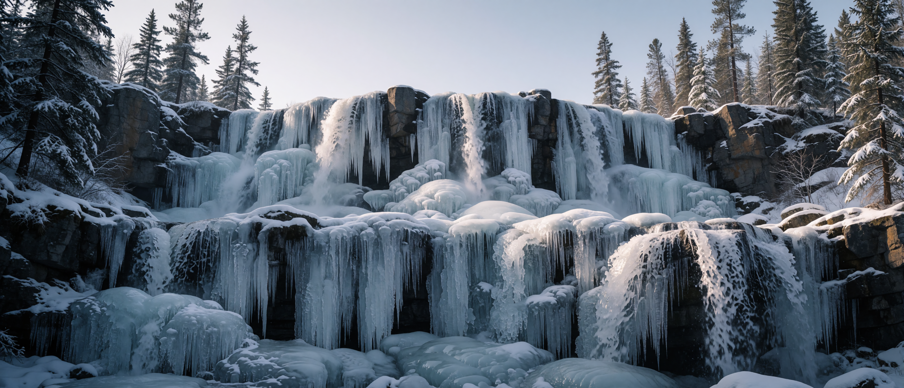 tiered-frozen-waterfall-winter-icicles-pine-forest-ultrawide