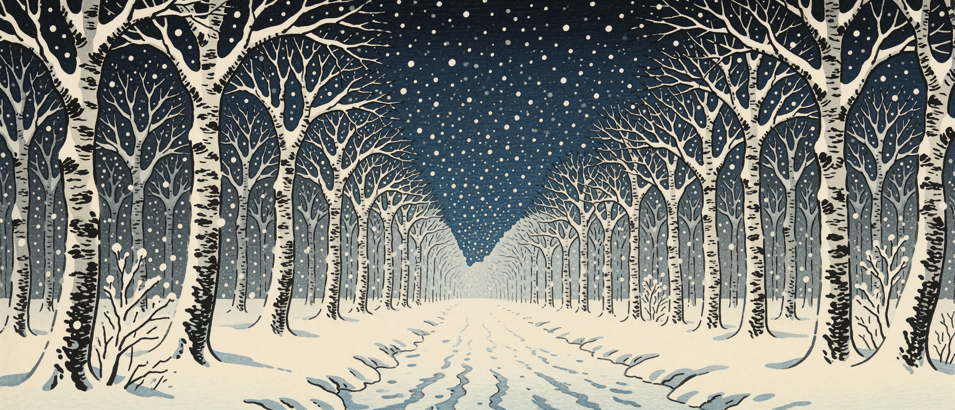 winter-birch-forest-snowfall-path-navy-woodblock-ultrawide