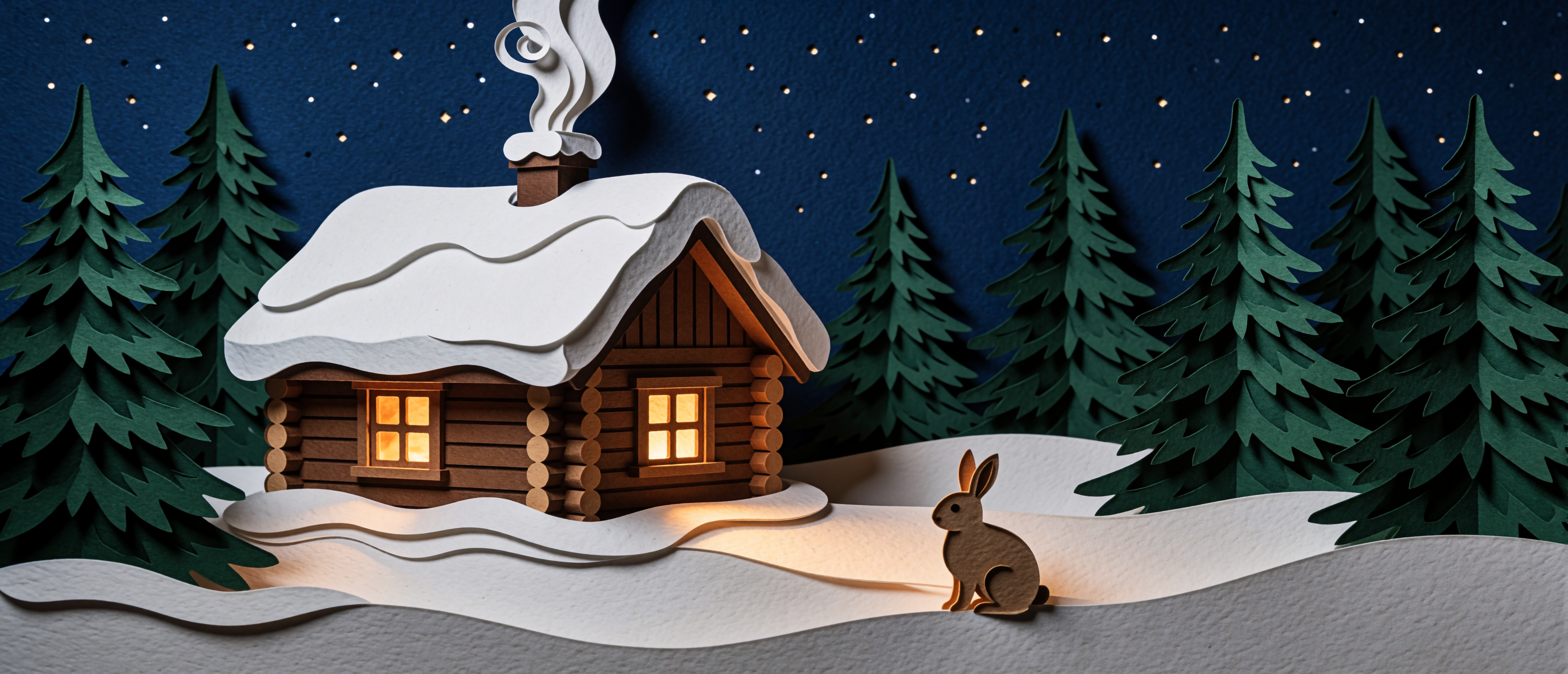 winter-cabin-night-rabbit-snow-stars-amber-windows-papercut-ultrawide