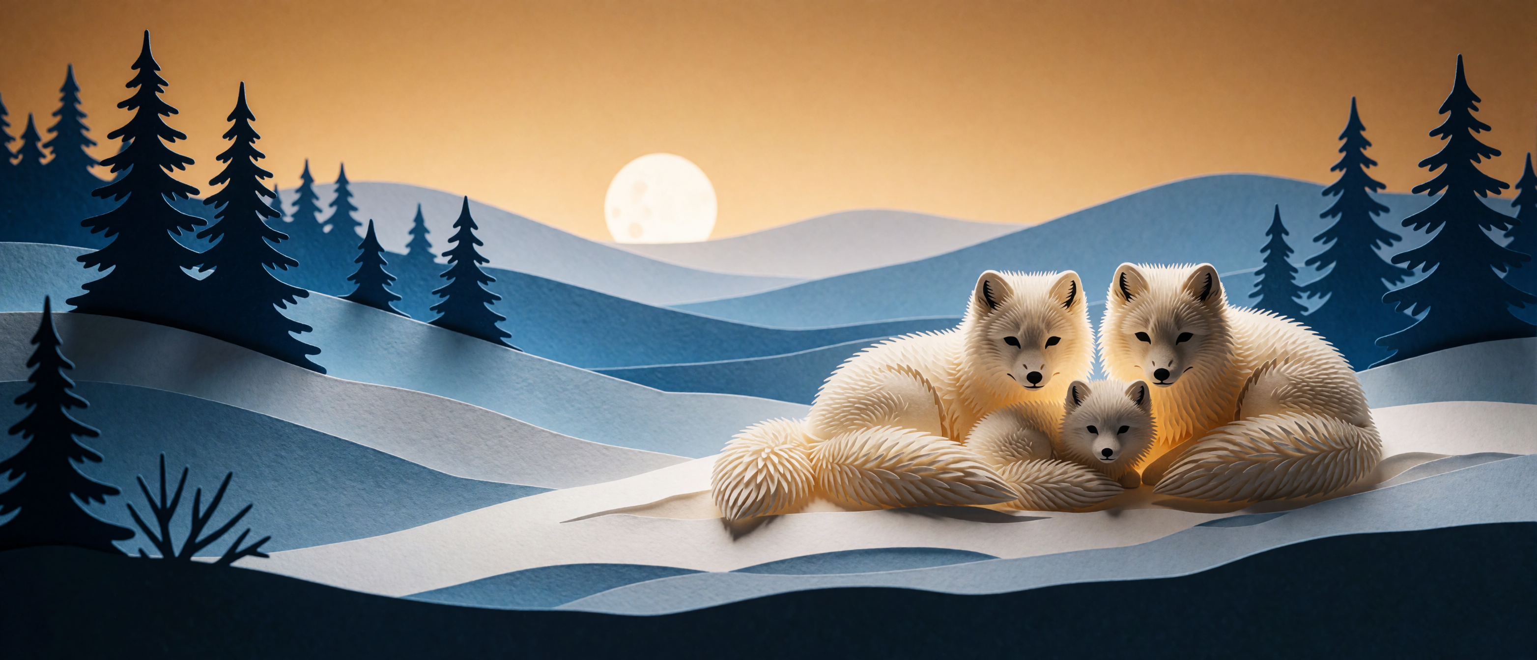winter-fox-family-hillside-dusk-moon-papercut-ultrawide