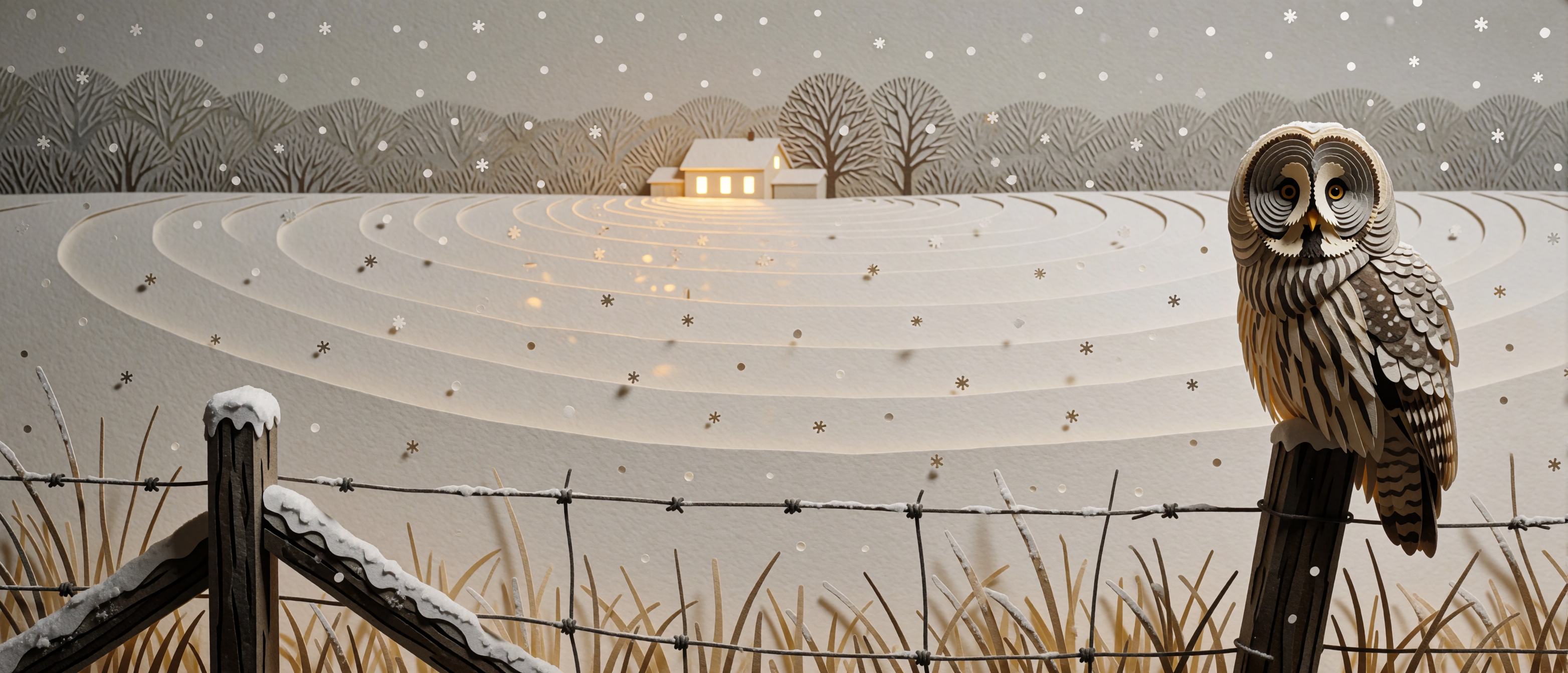 winter-great-grey-owl-fence-post-field-farmhouse-papercut-ultrawide