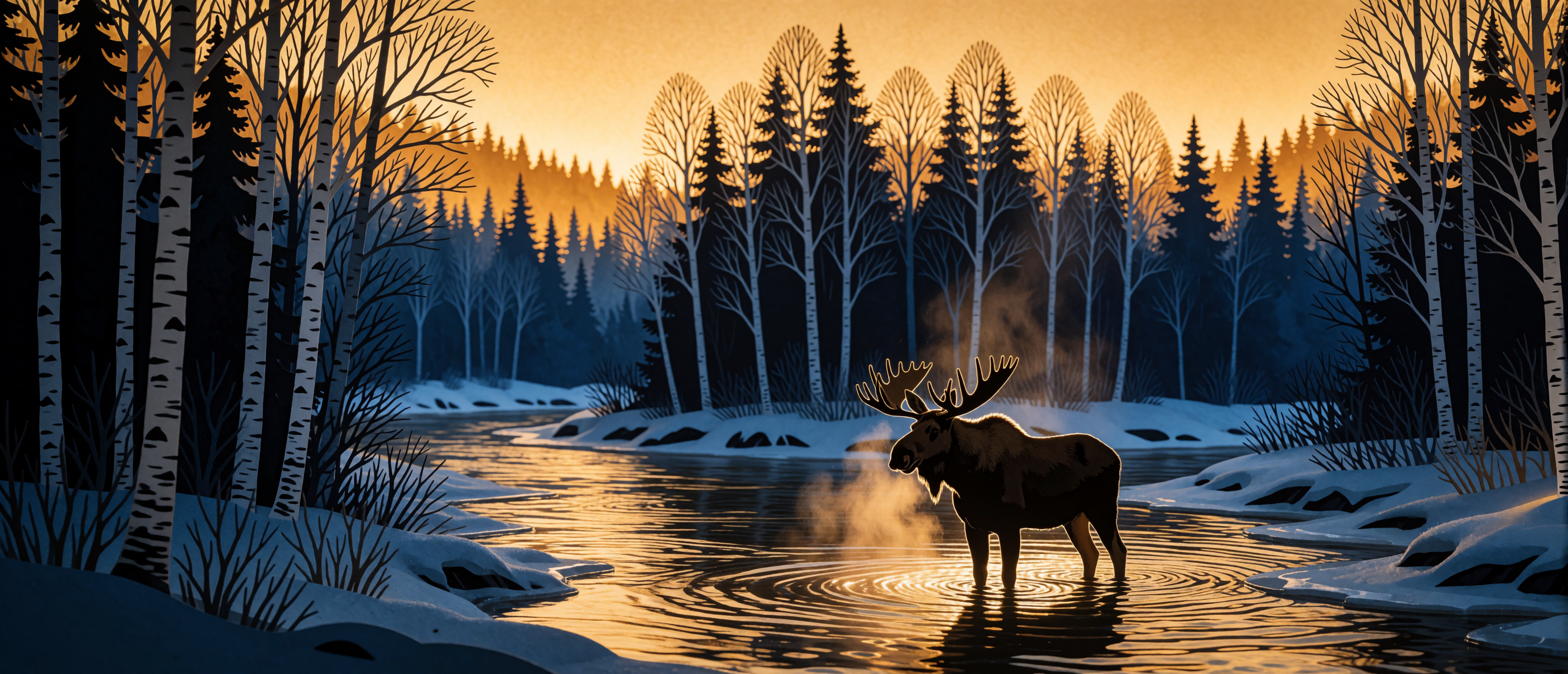winter-moose-frozen-river-birch-forest-golden-hour-papercut-ultrawide