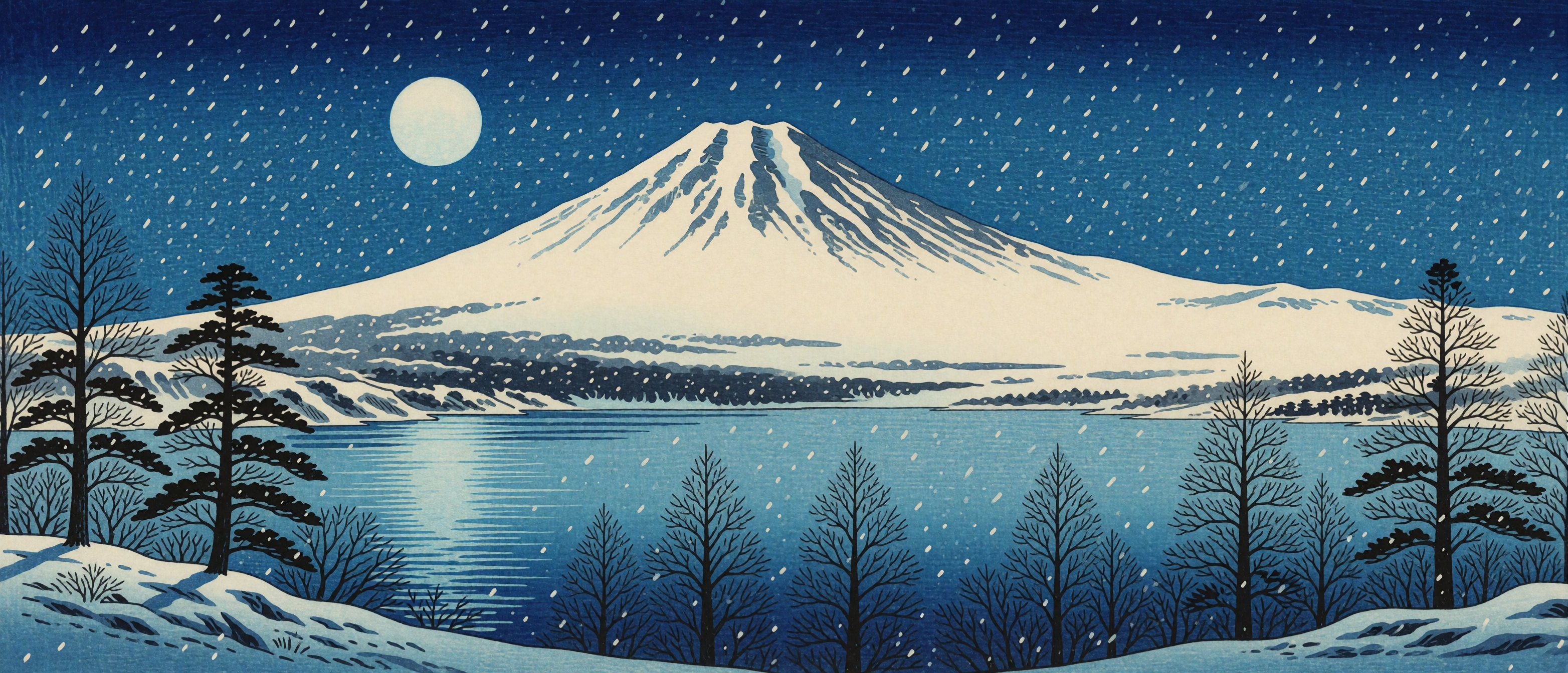 winter-mountain-frozen-lake-moon-indigo-woodblock-ultrawide