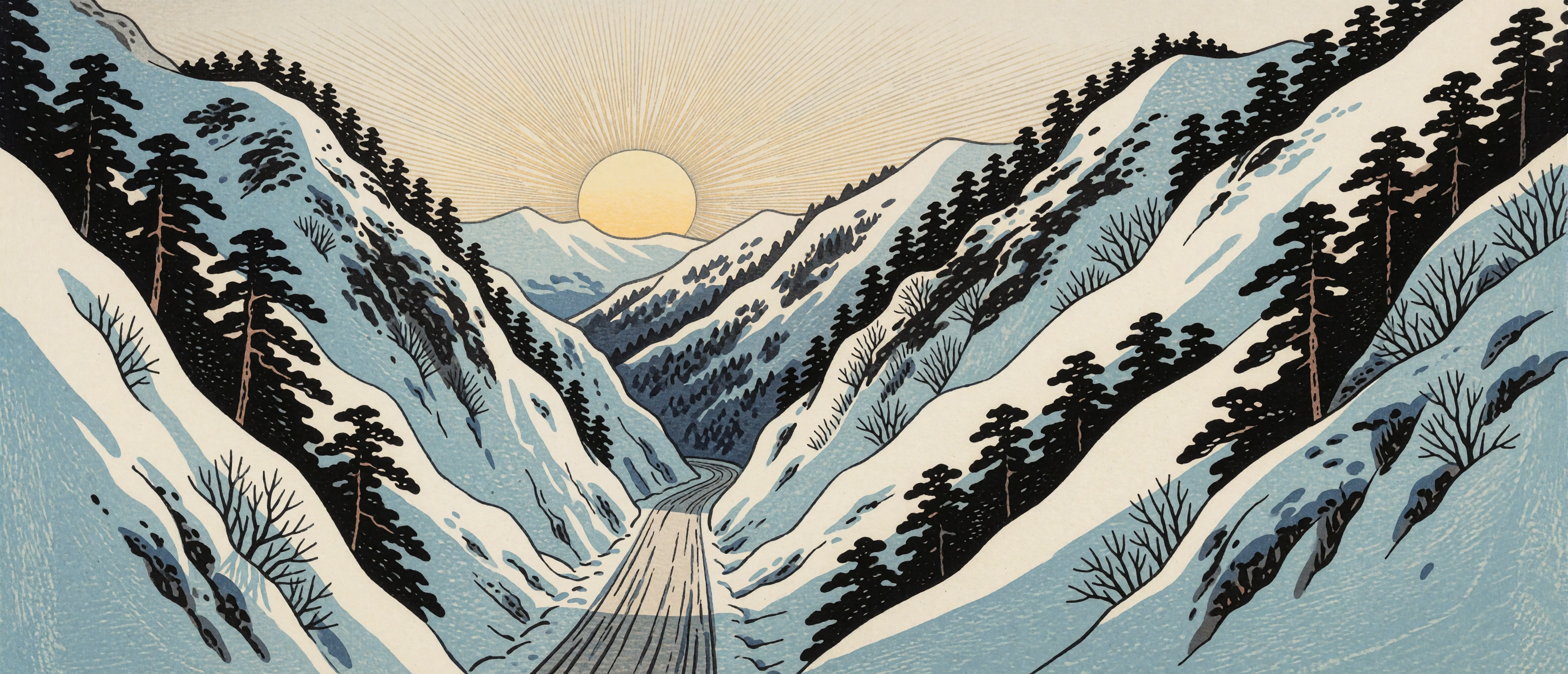 winter-mountain-pass-valley-pine-silhouettes-pale-sun-woodblock-ultrawide