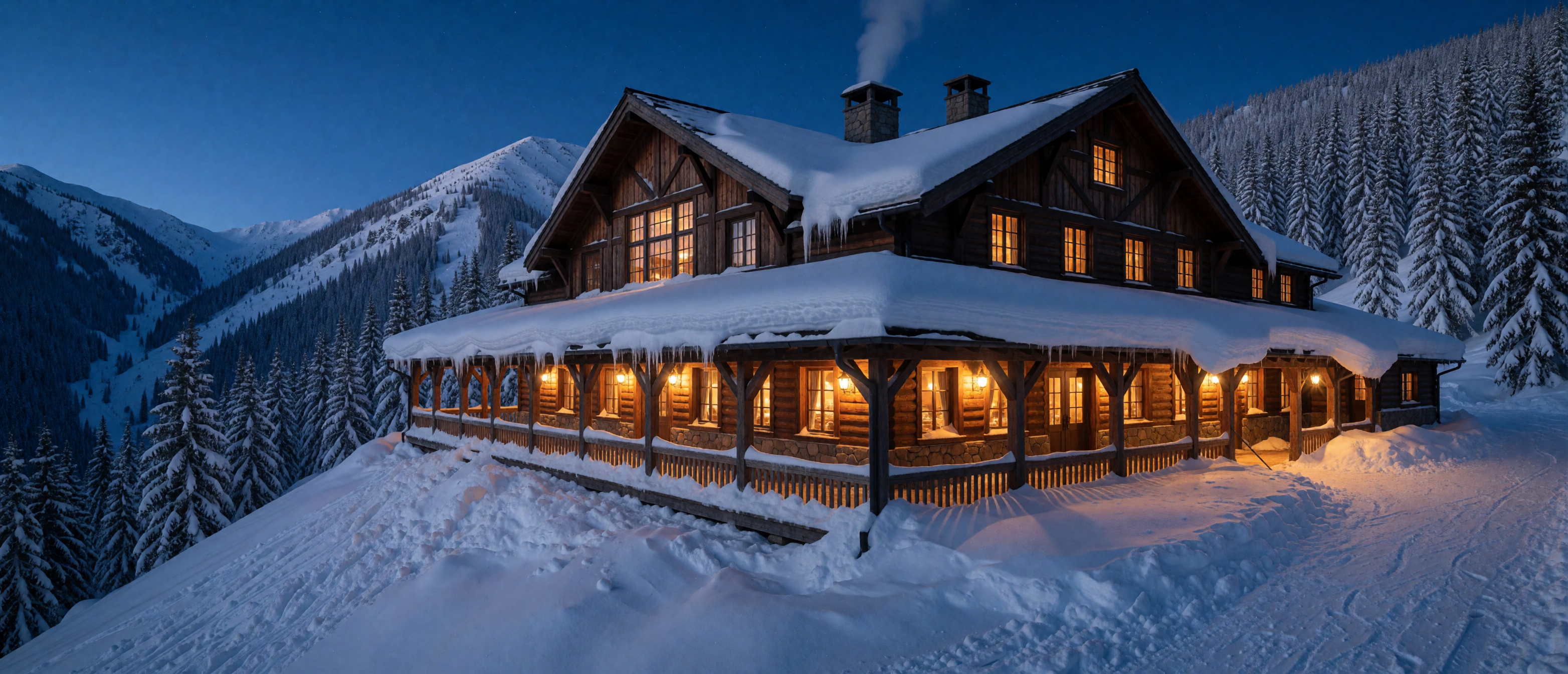 winter-ski-lodge-mountain-ridge-dusk-amber-windows-ultrawide