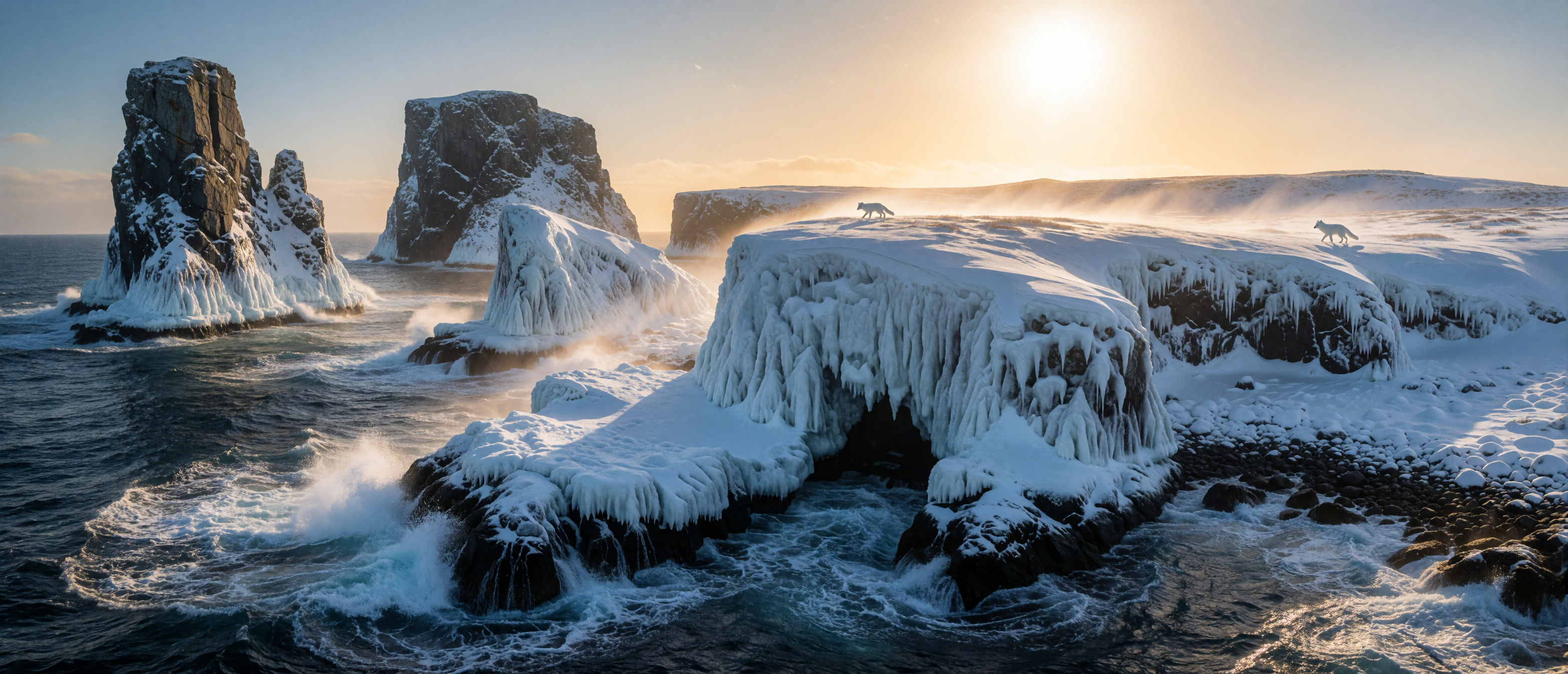 winter-wild-arctic-fox-frozen-coastal-sea-stacks-sunset-ultrawide