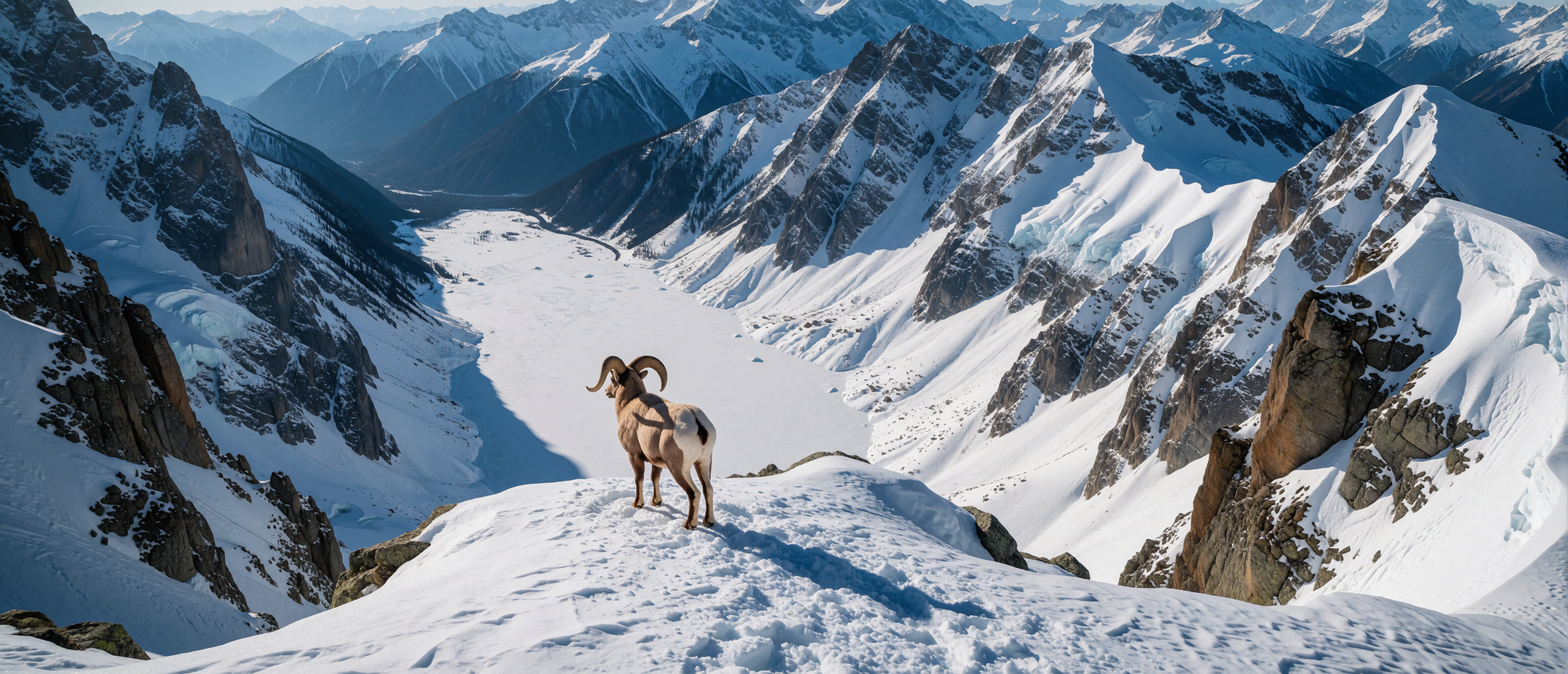 winter-wild-bighorn-ram-precipice-frozen-valley-ultrawide