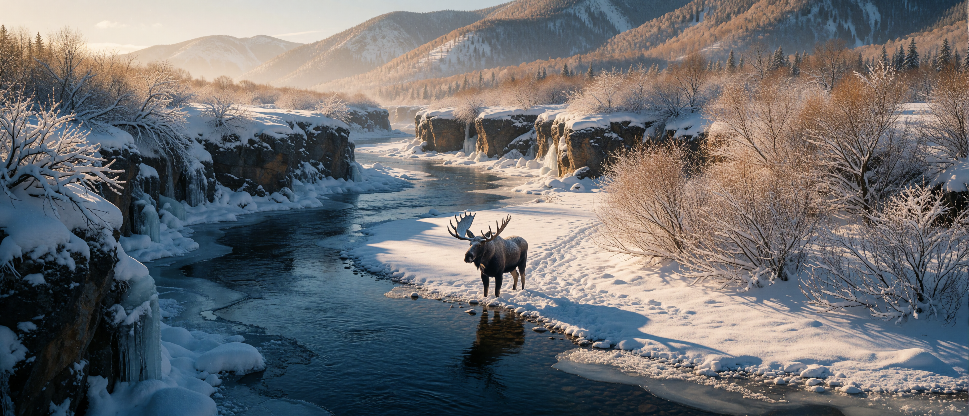 winter-wild-bull-moose-broad-antlers-frozen-river-gorge-ultrawide