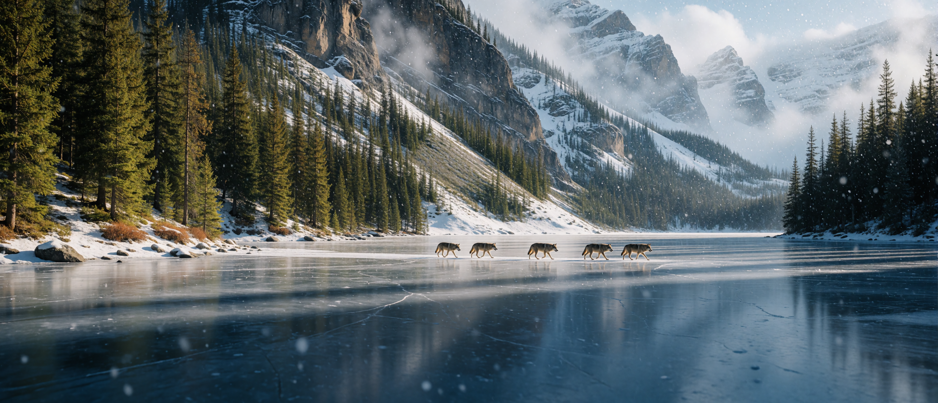 winter-wild-four-wolves-frozen-mountain-lake-ultrawide