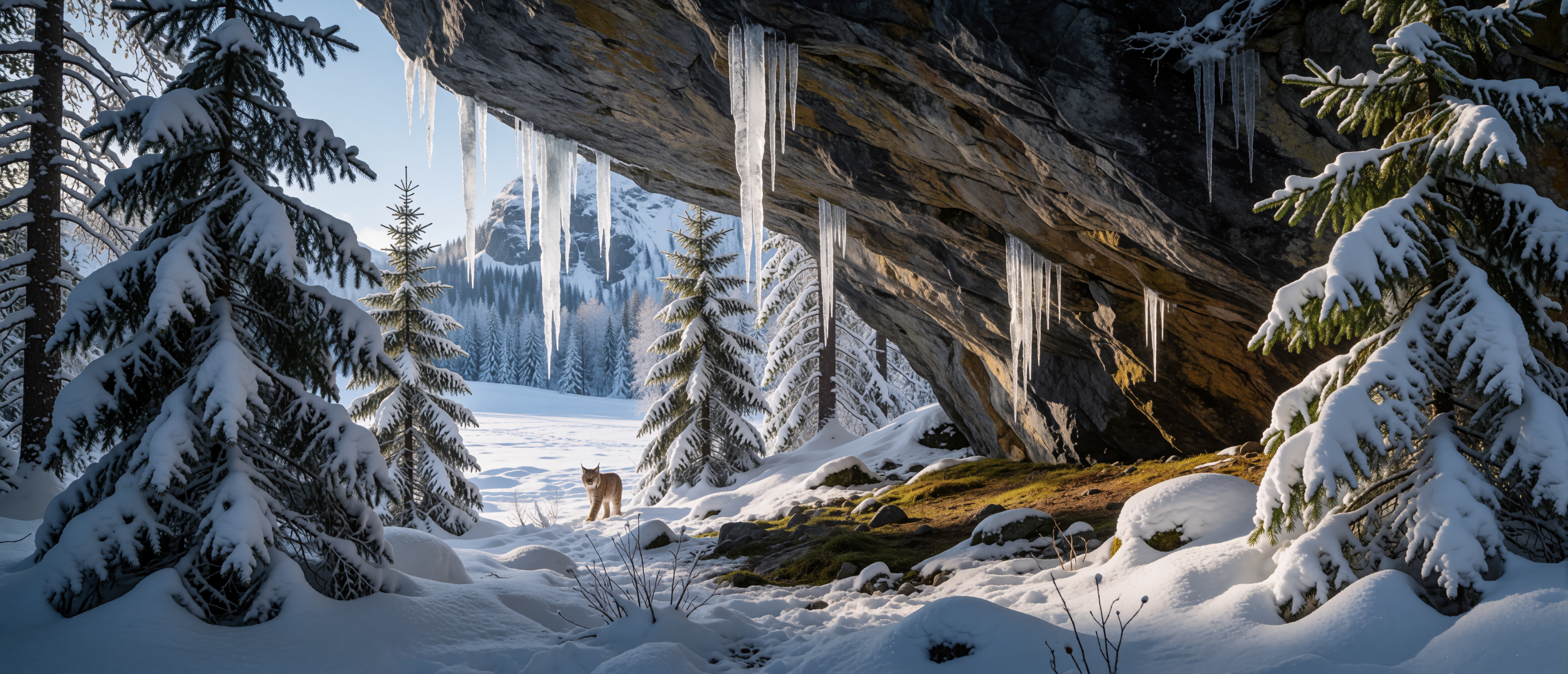 winter-wild-lynx-snowy-rock-overhang-icicles-forest-ultrawide