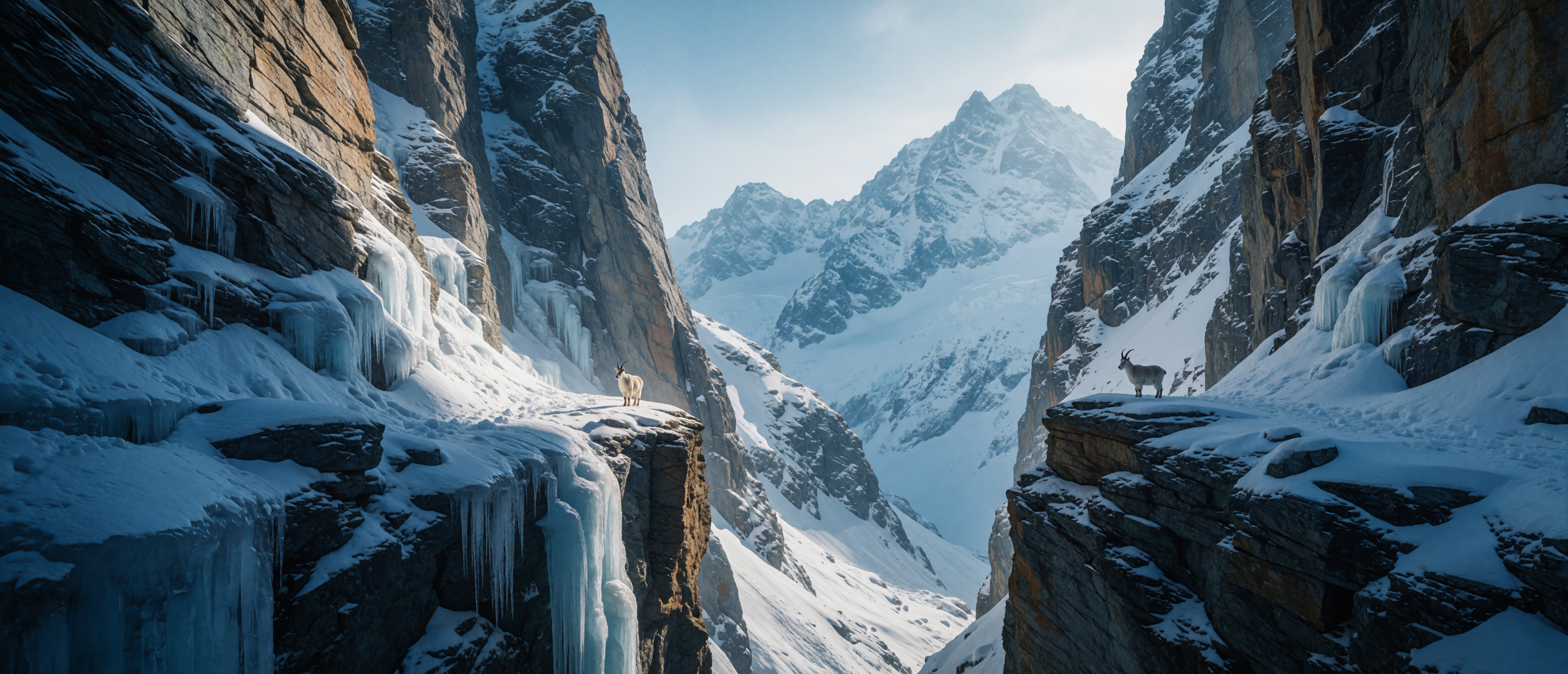winter-wild-mountain-goat-icy-cliff-gorge-ultrawide