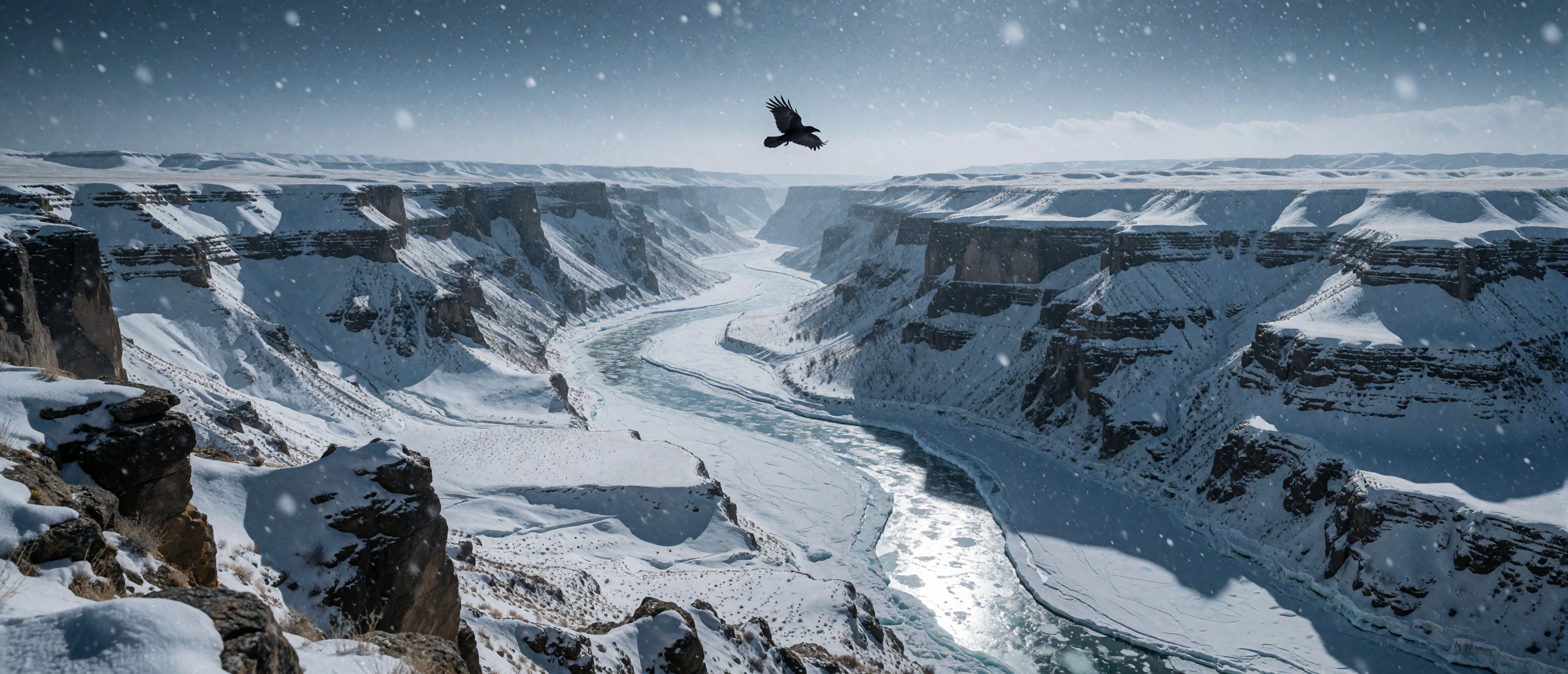 winter-wild-raven-flight-frozen-canyon-ultrawide