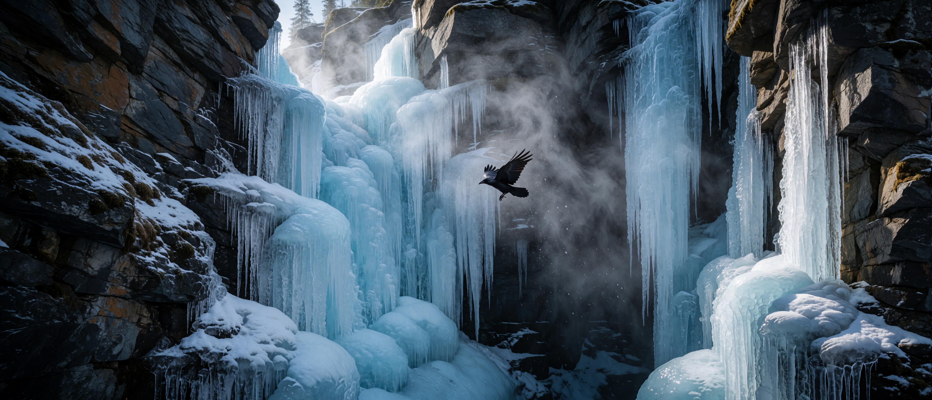 winter-wild-raven-frozen-waterfall-chasm-ultrawide
