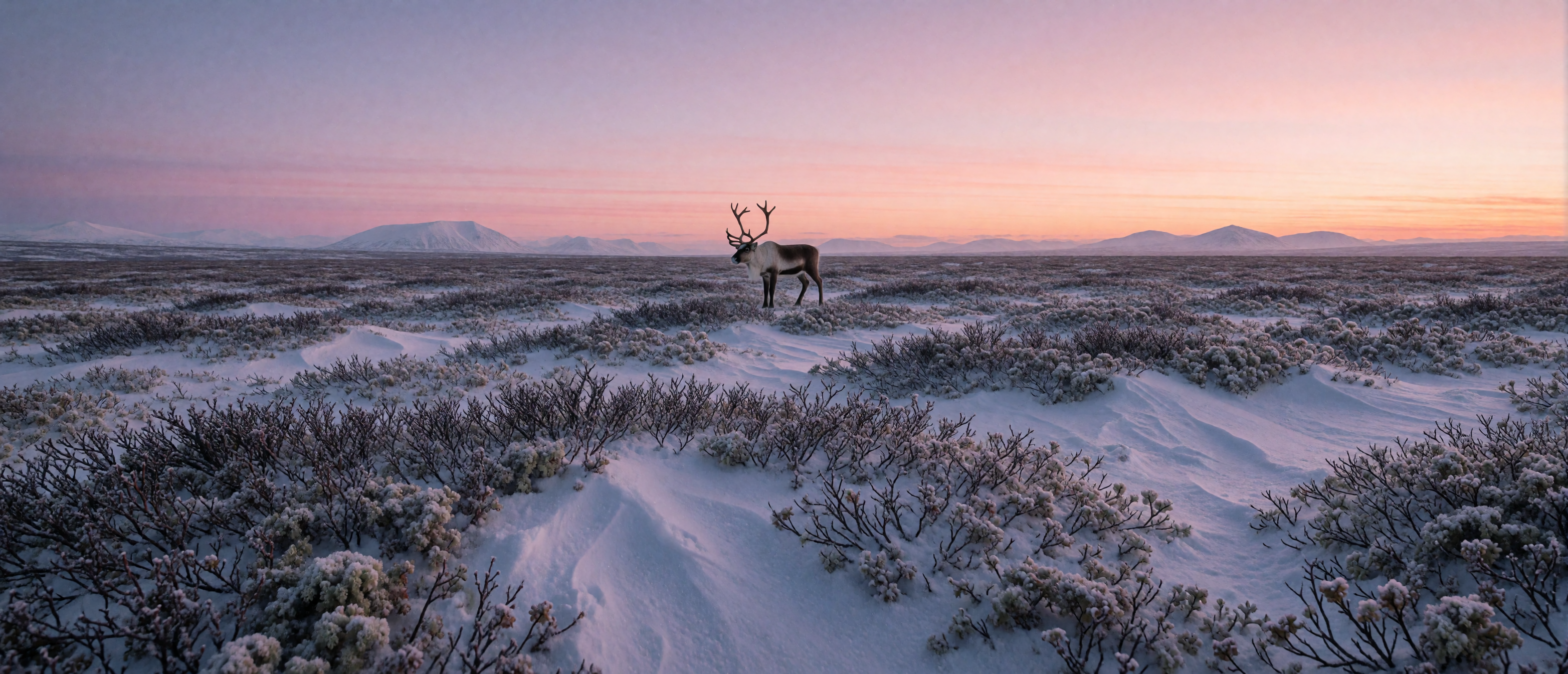 winter-wild-reindeer-bull-open-tundra-sunset-ultrawide