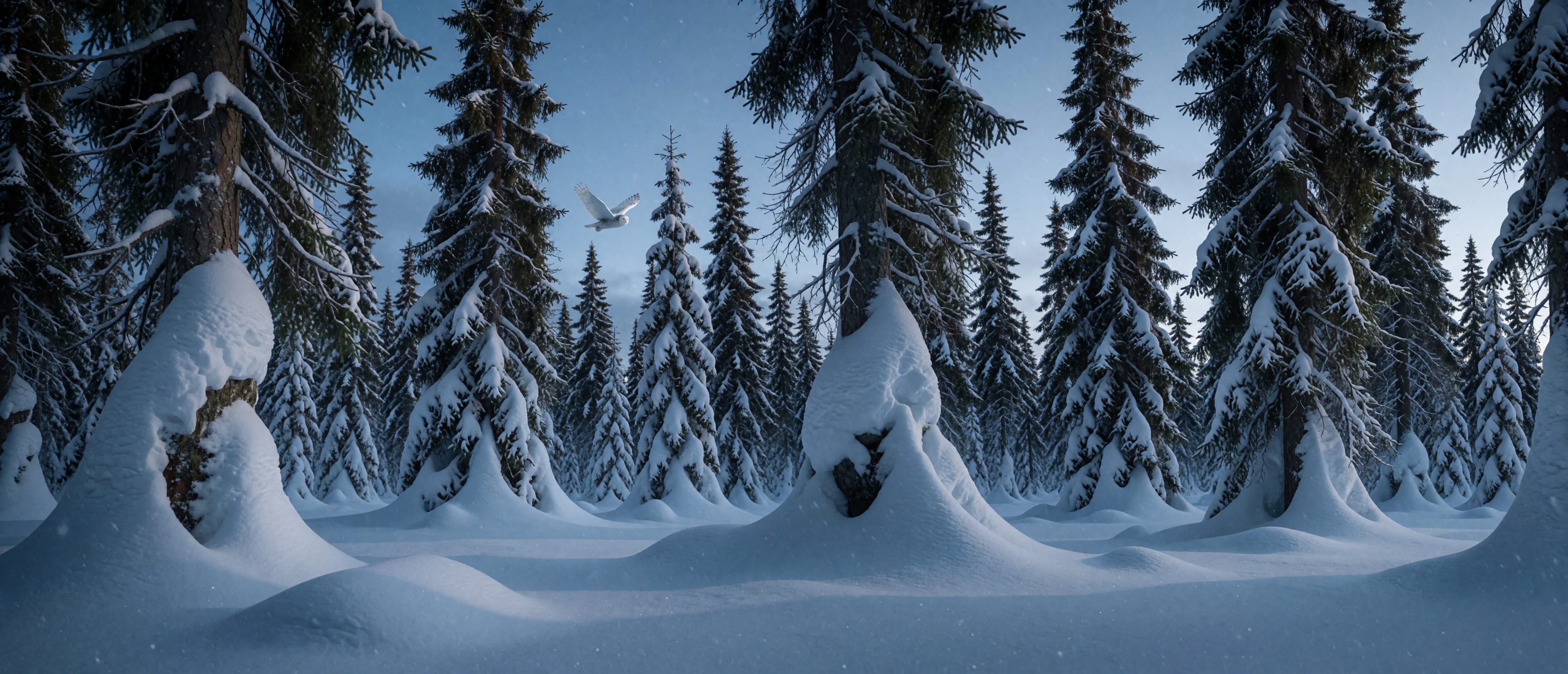 winter-wild-snowy-owl-buried-conifer-forest-ultrawide