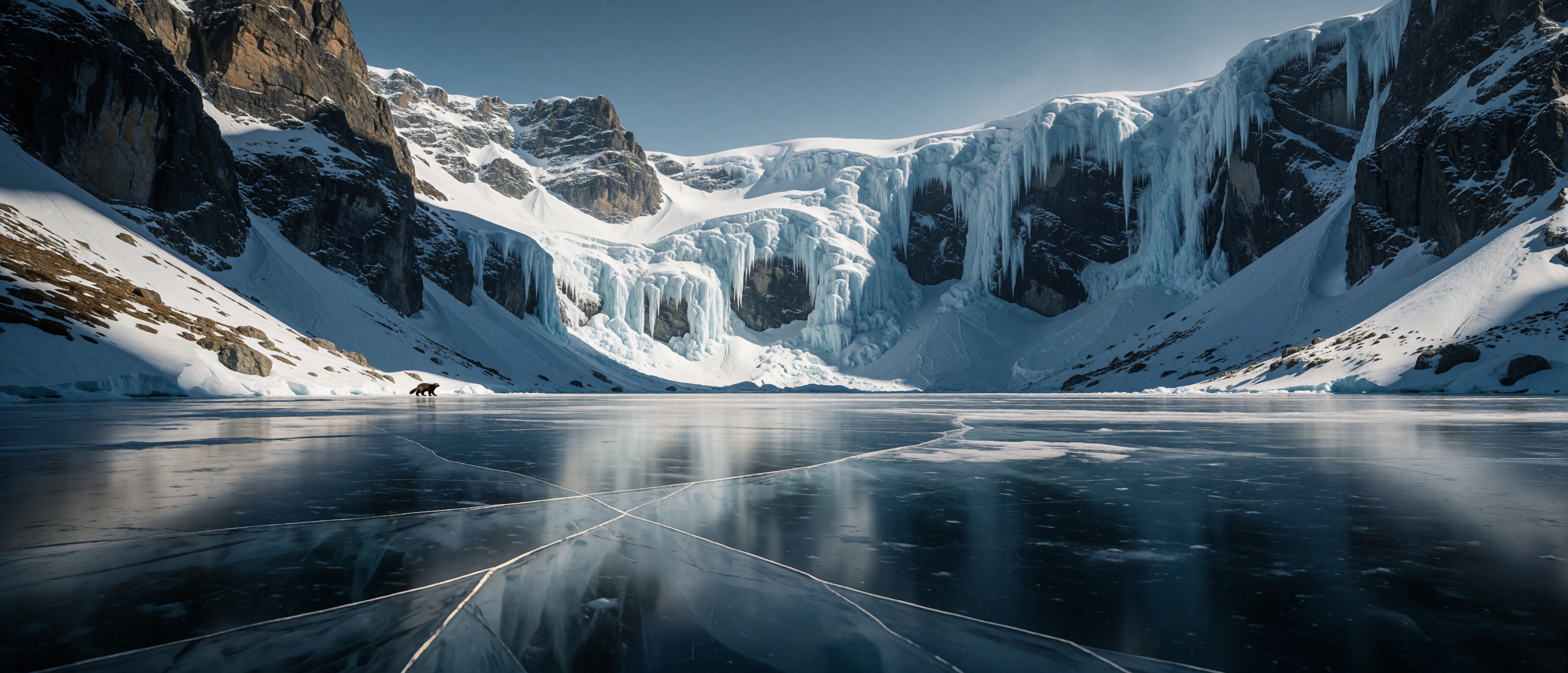 winter-wild-wolverine-frozen-alpine-lake-ice-cliffs-ultrawide