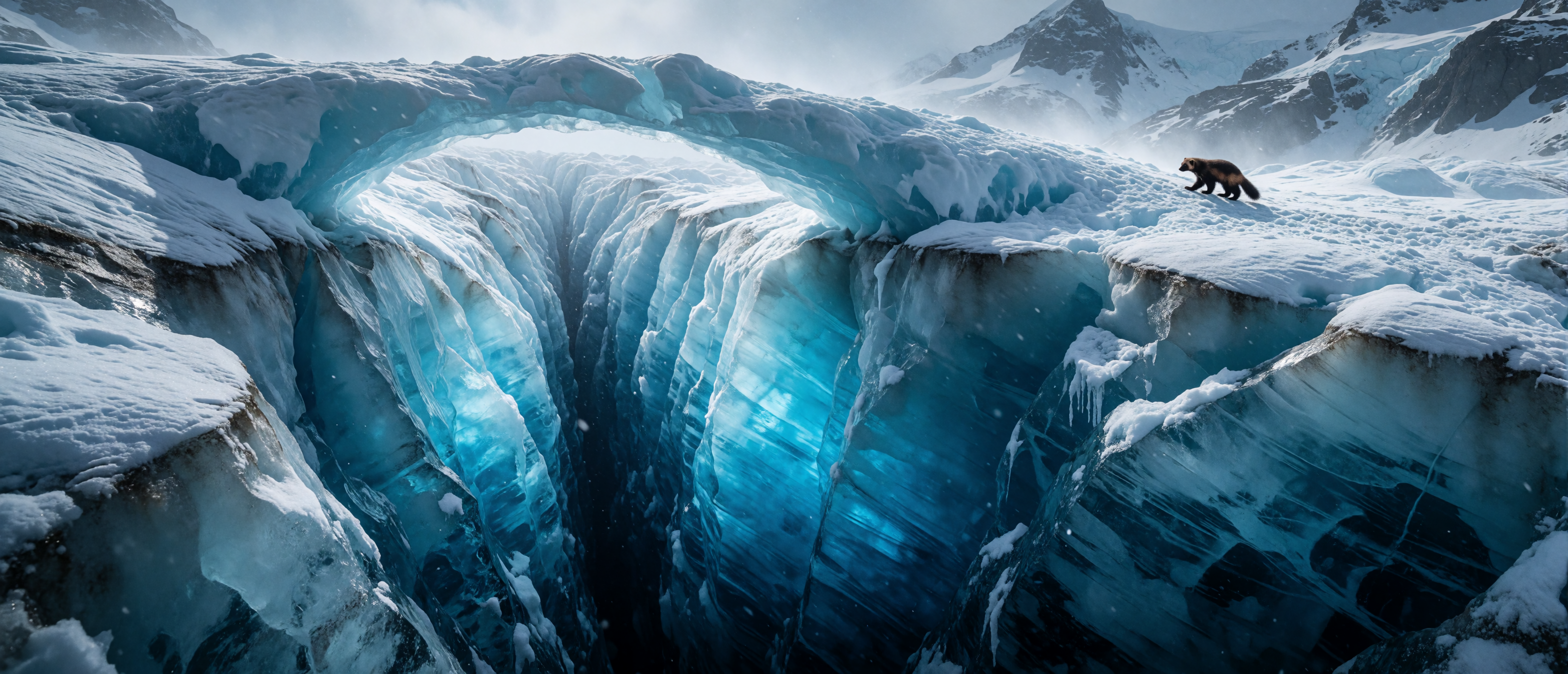 winter-wild-wolverine-glacier-crevasse-natural-snow-bridge-ultrawide