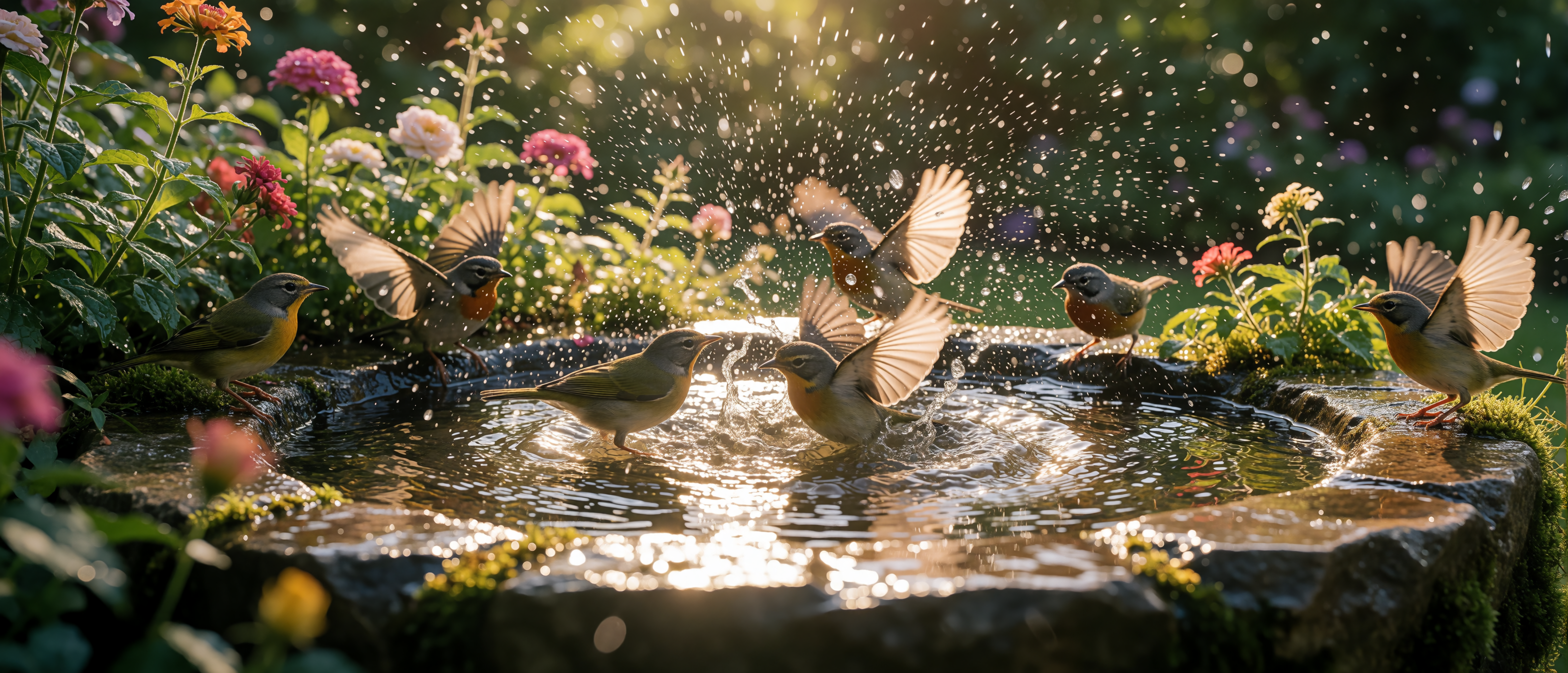 drops-and-light-birds-playing-overflowing-birdbath-ultrawide